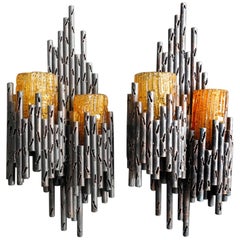 1960s Marcello Fantoni Brutalist Iron Wall Lamps with Orange Glass Shades, Pair