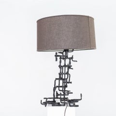1960s Marcello Fantoni Patinated Steel Table Lamp with Grey Drum Shade