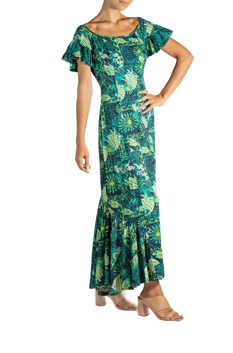1960S Marchesa Di Gresy Orange & Green Floral Silk Chiffon Jersey Long Sleeve D For Sale 6