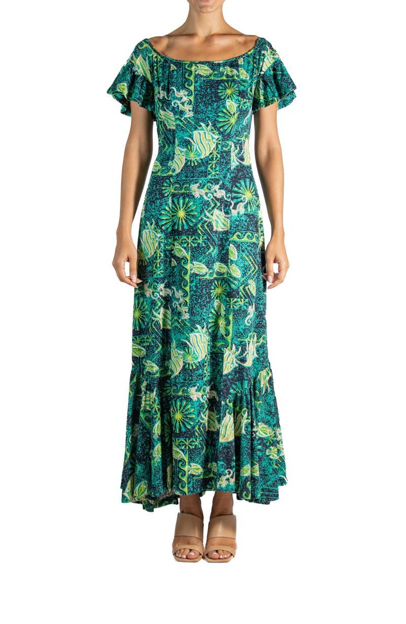 1960S Marchesa Di Gresy Orange & Green Floral Silk Chiffon Jersey Long Sleeve Dress