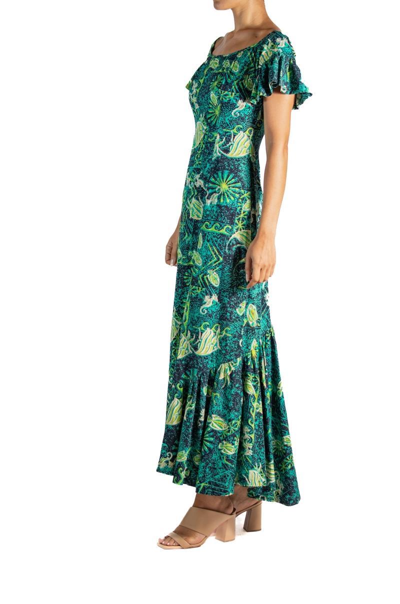 Blue 1960S Marchesa Di Gresy Orange & Green Floral Silk Chiffon Jersey Long Sleeve D For Sale