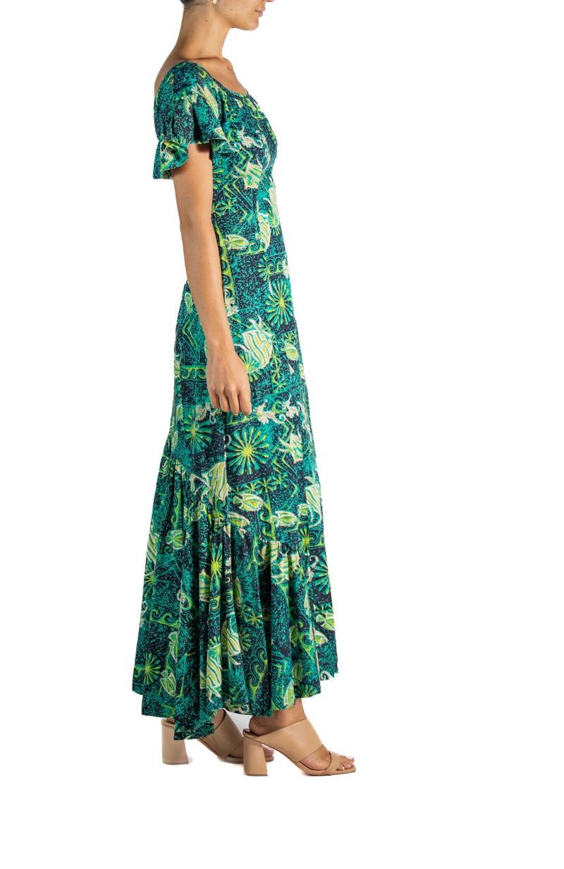 1960S Marchesa Di Gresy Orange & Green Floral Silk Chiffon Jersey Long Sleeve D For Sale 2