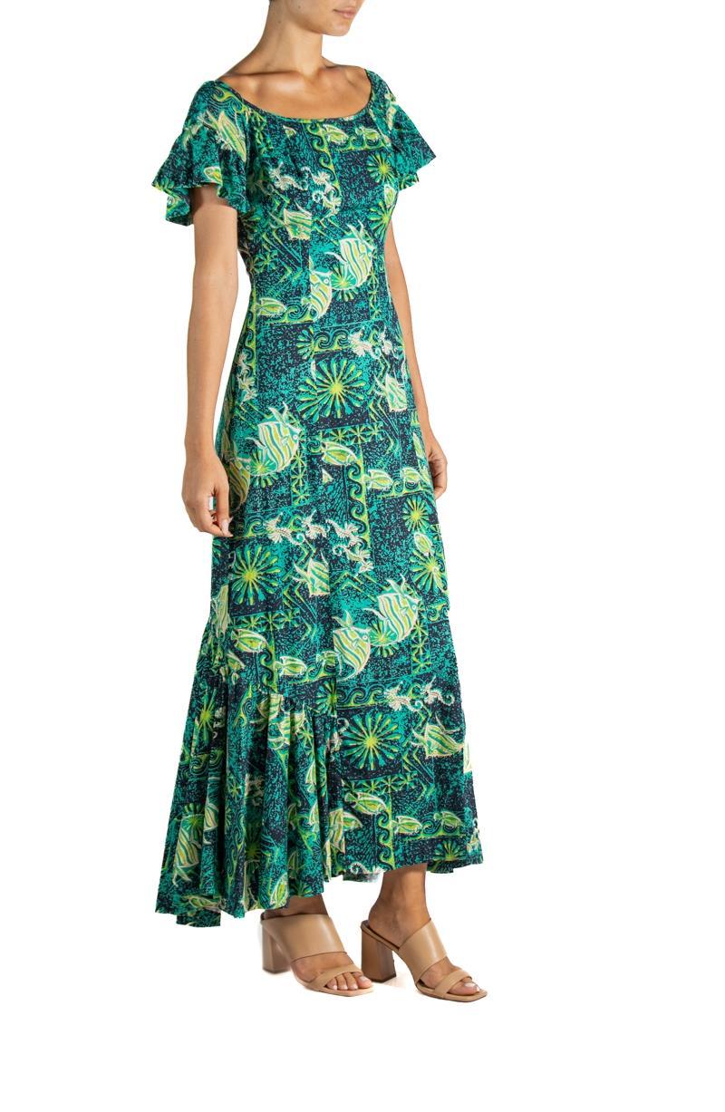 1960S Marchesa Di Gresy Orange & Green Floral Silk Chiffon Jersey Long Sleeve D For Sale 3