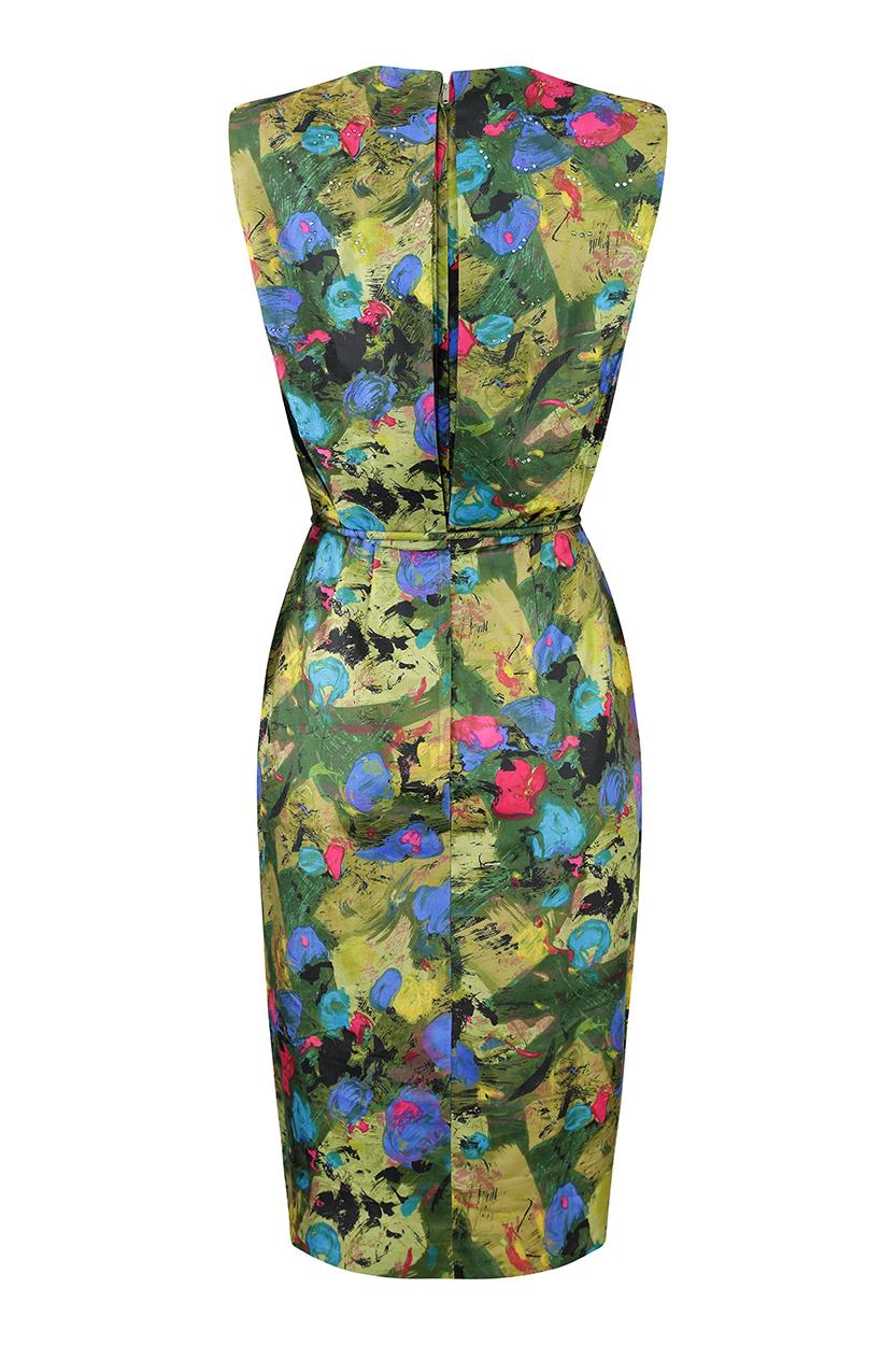 This fabulous 1960s silk cocktail dress with matching belt tie is by Mardi Gras of New York and is in very good to excellent vintage condition with no issues. The printed silk fabric has an abstract paint effect design in vibrant fuchsia, turquoise