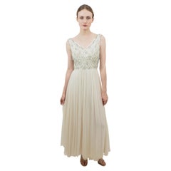 1960's Mardi Gras White Chiffon Dress with Beaded Bodice