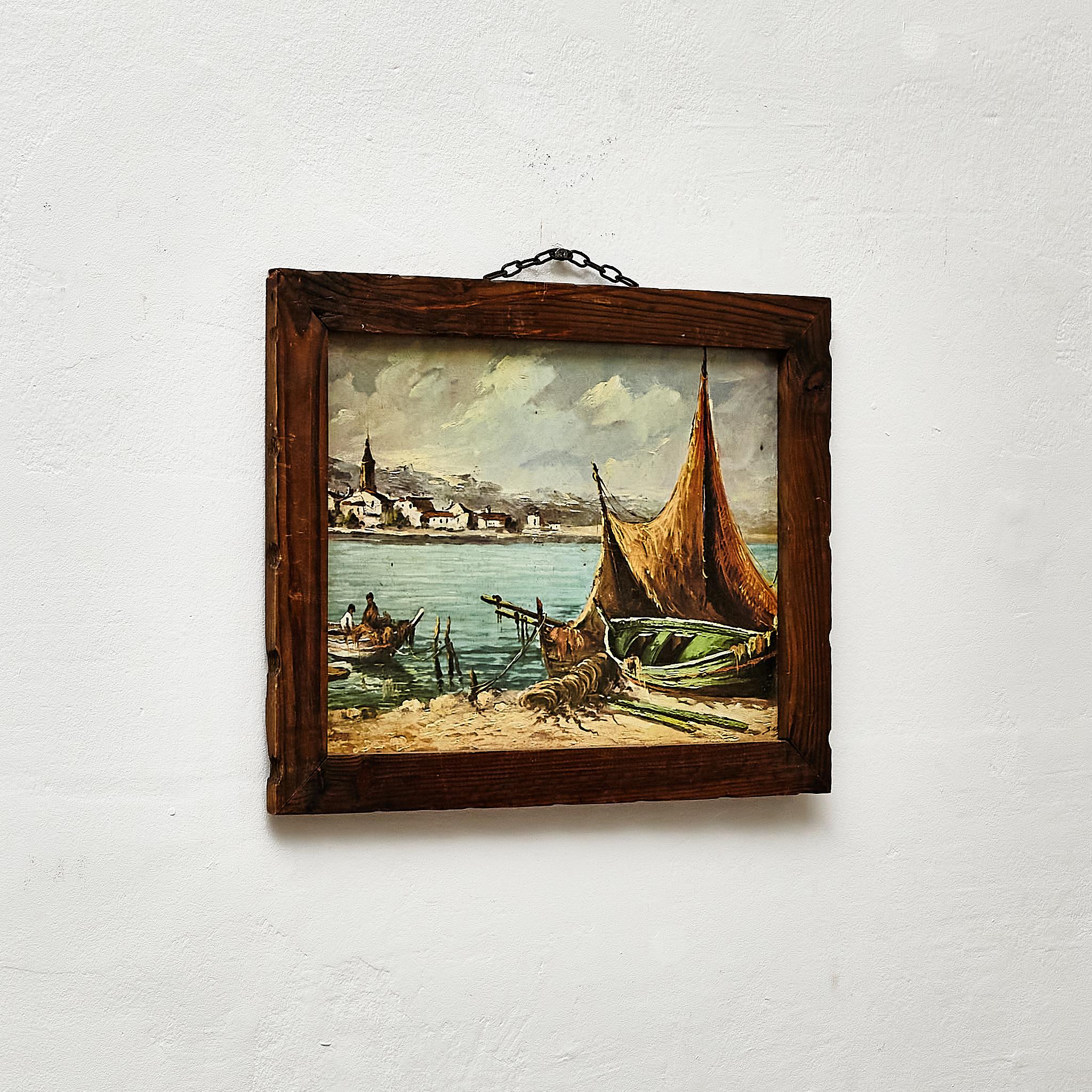 Transport yourself to the enchanting world of the sea with this captivating artwork from the 1960s, exuding marine-inspired vibrancy. Crafted by an unknown but talented artist, this piece comes elegantly framed in a beautiful wood frame that