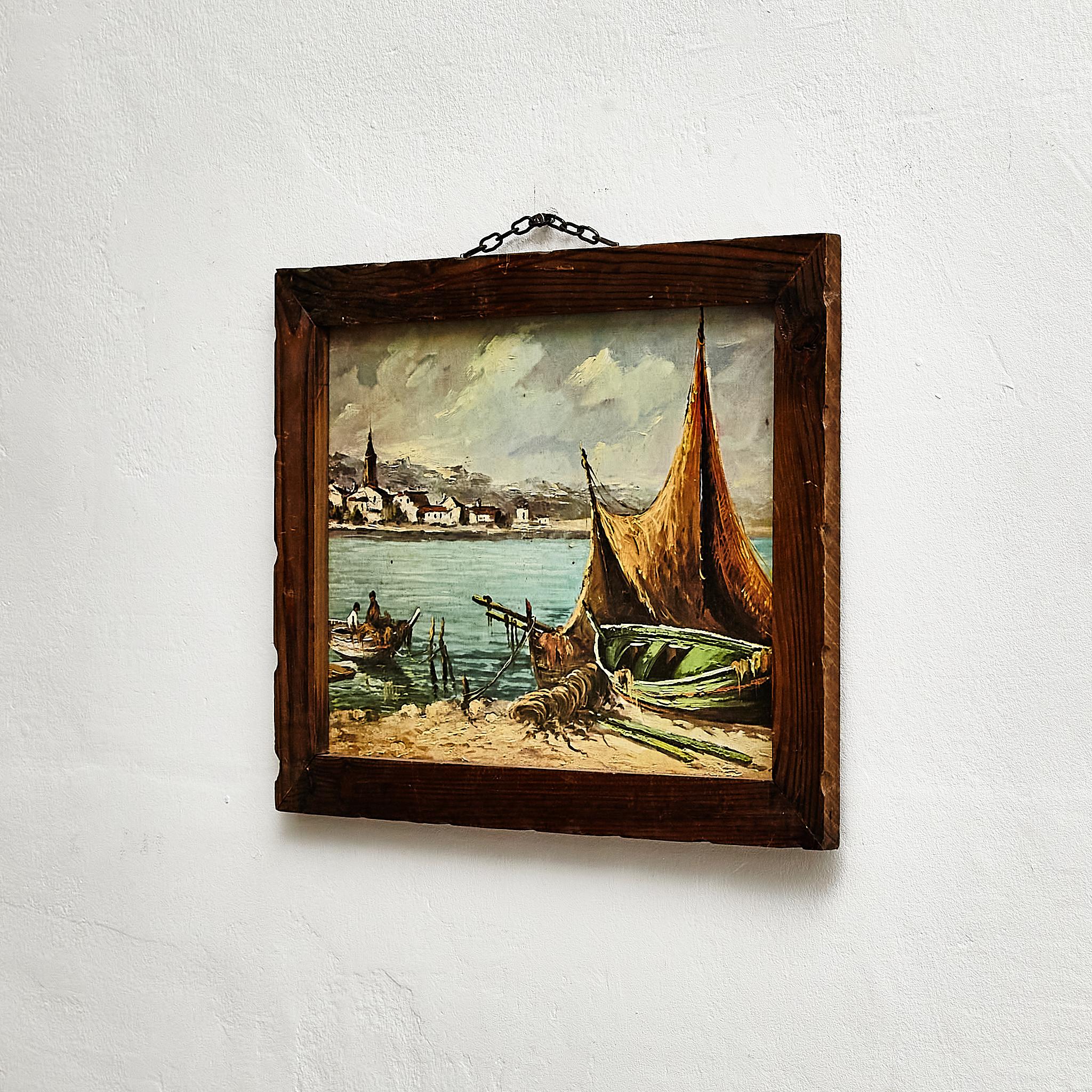 Spanish 1960s Marine-Inspired Artwork in Stunning Wood Frame For Sale