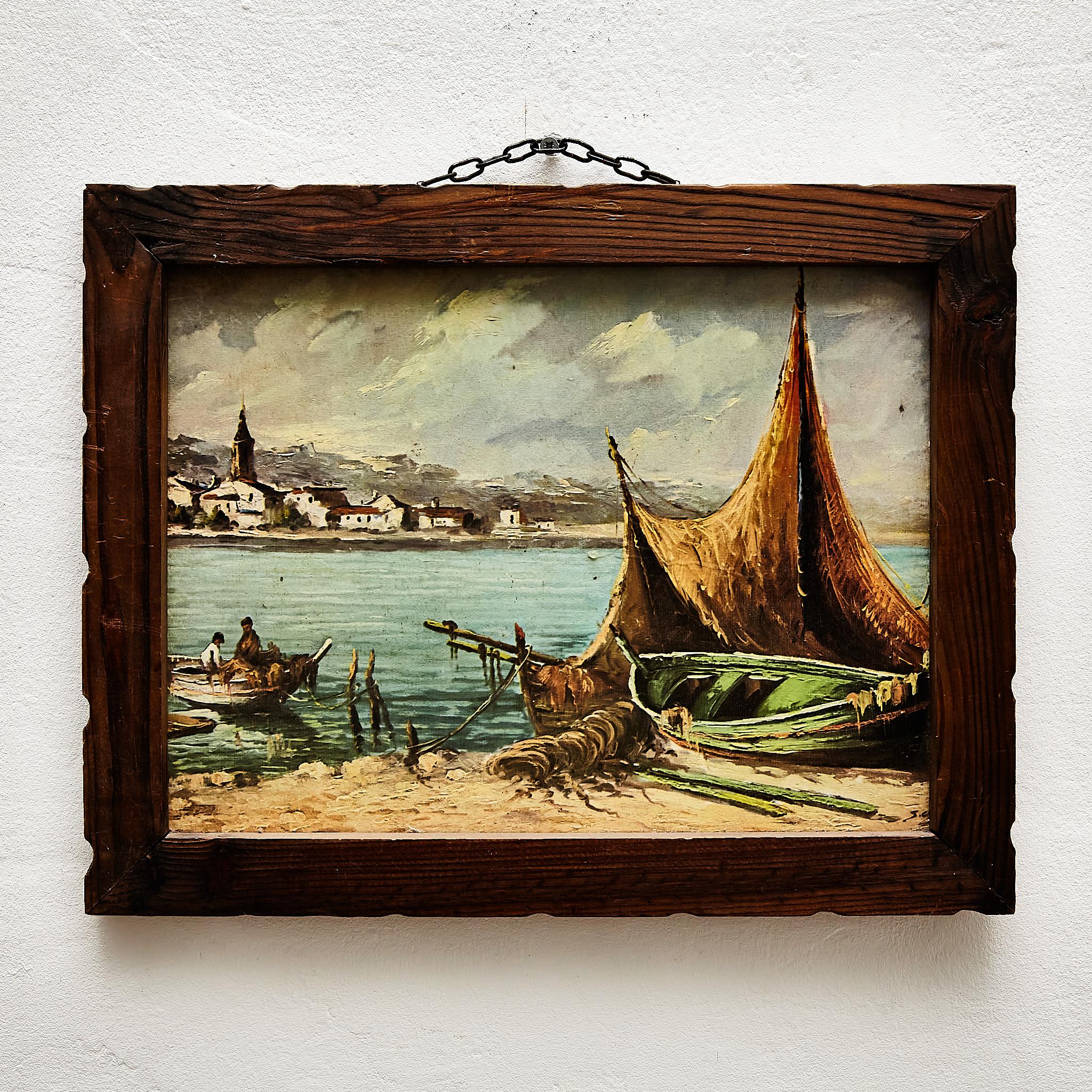 1960s Marine-Inspired Artwork in Stunning Wood Frame In Good Condition For Sale In Barcelona, Barcelona