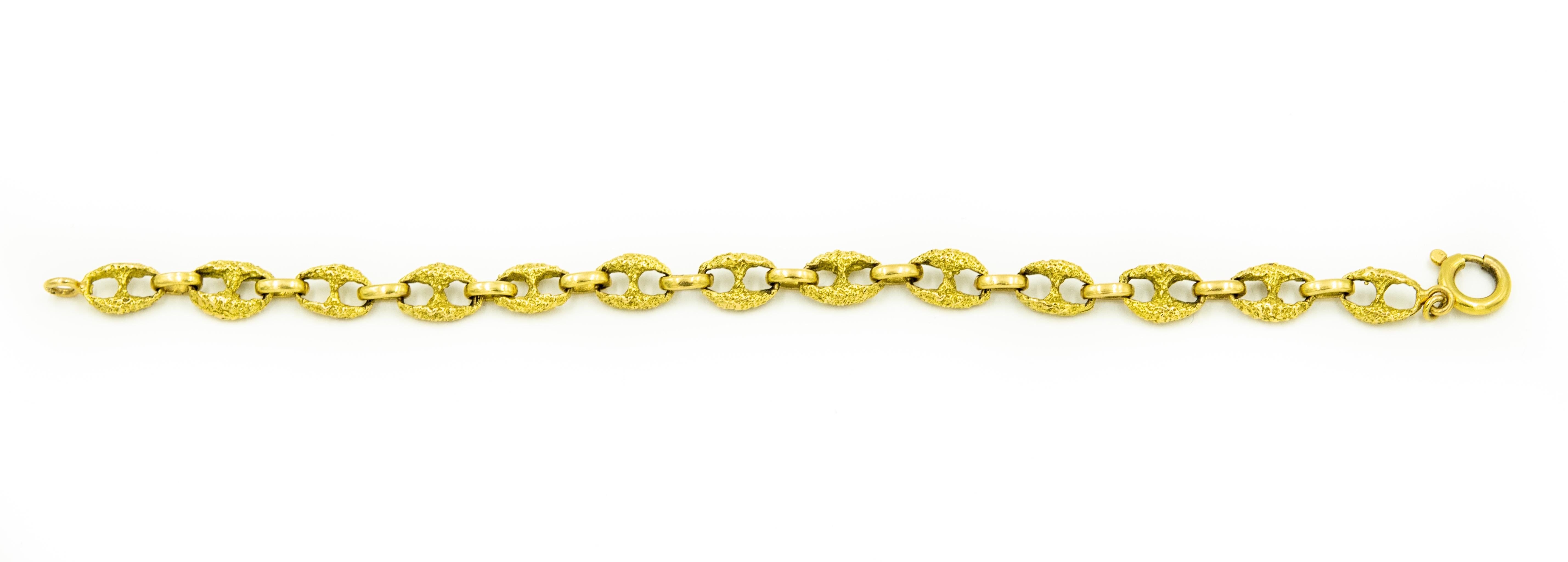 Women's or Men's 1960s Mariner Nautical Anchor Link Bark Finish Yellow Gold Bracelet