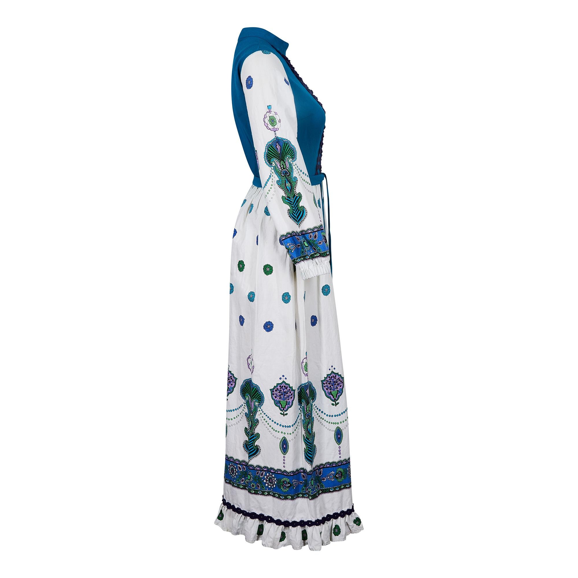 Maxivestido de crepé y algodón turquesa de los años 60 de Marion Donaldson Gris en venta