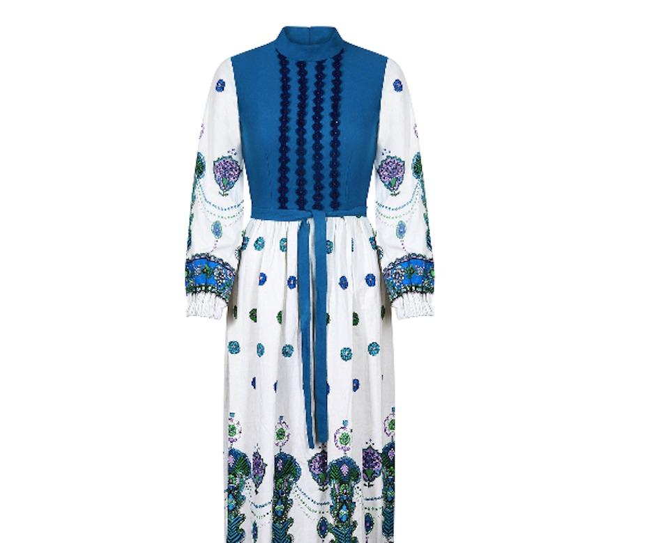 Maxivestido de crepé y algodón turquesa de los años 60 de Marion Donaldson en venta 1