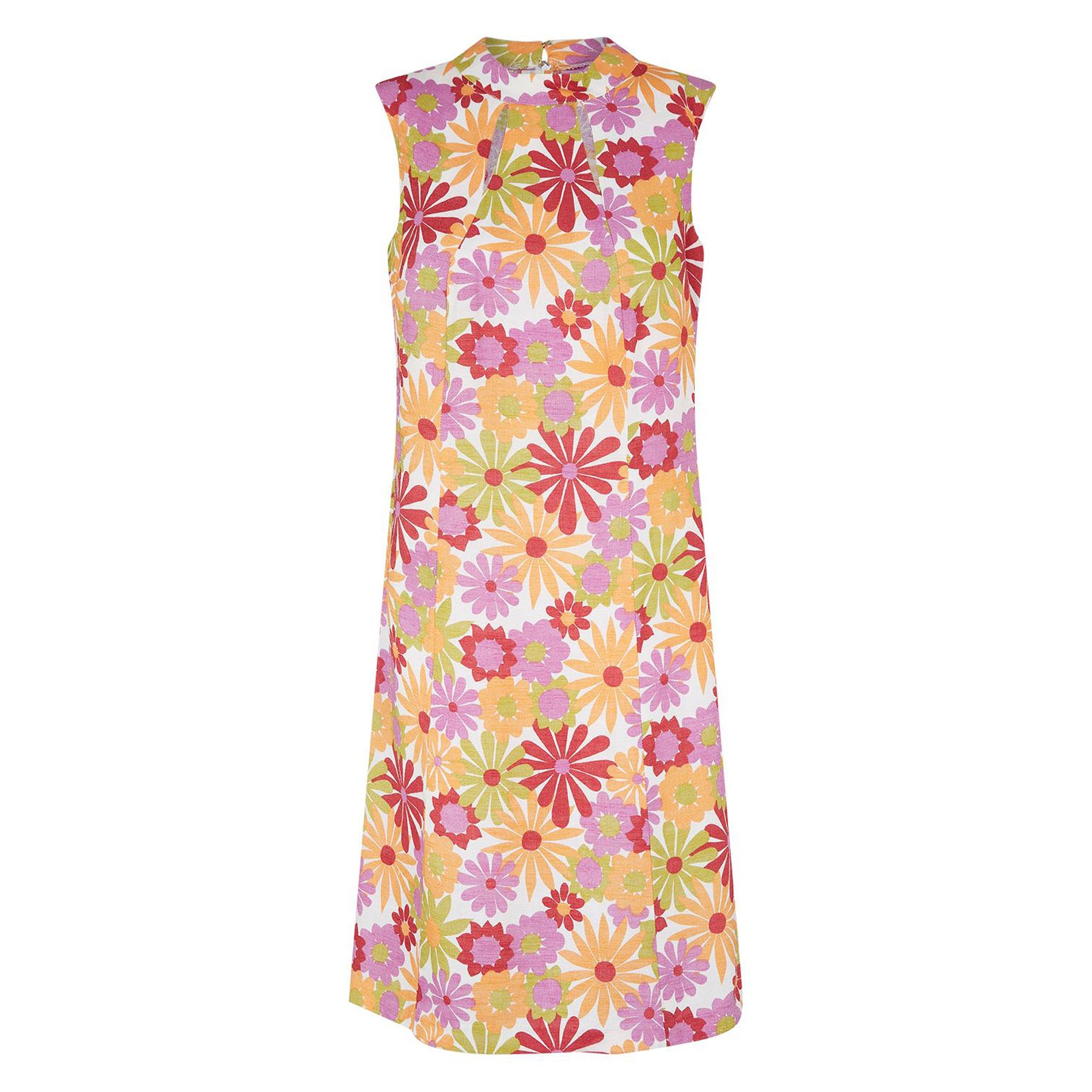 1960er Jahre Marjon Couture Schlüssellochausschnitt Blumendruck Kleid im Angebot