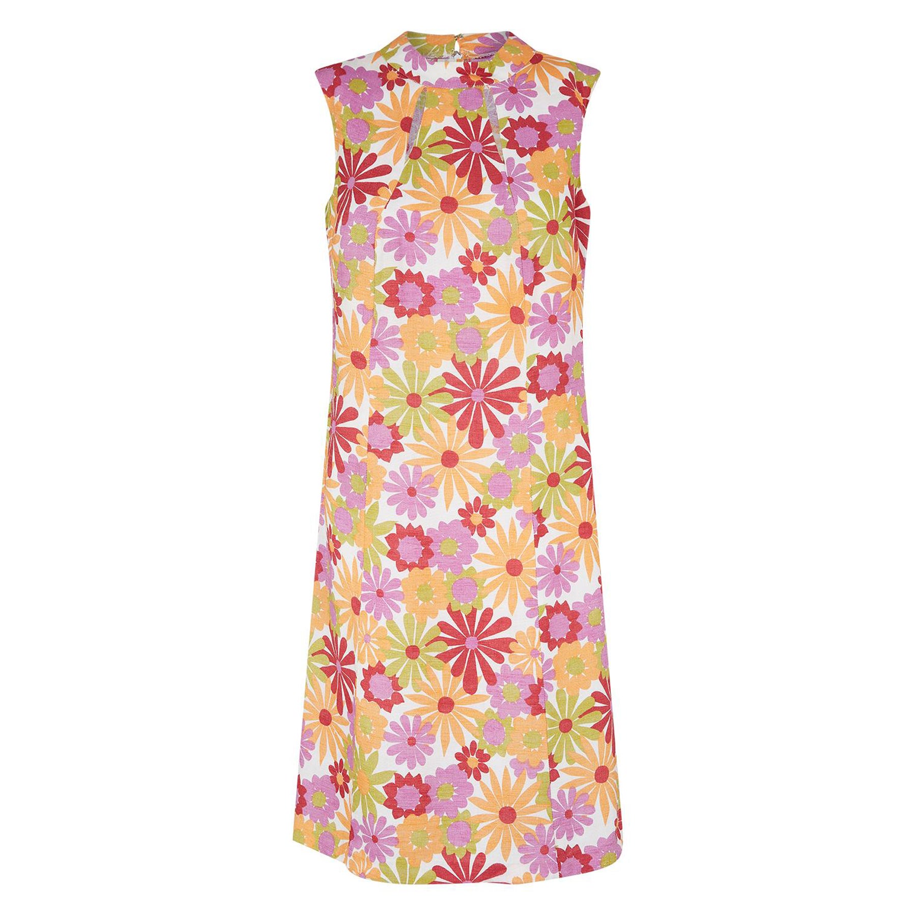 Vestido estampado floral con escote de ojo de cerradura Marjon Couture, años 60