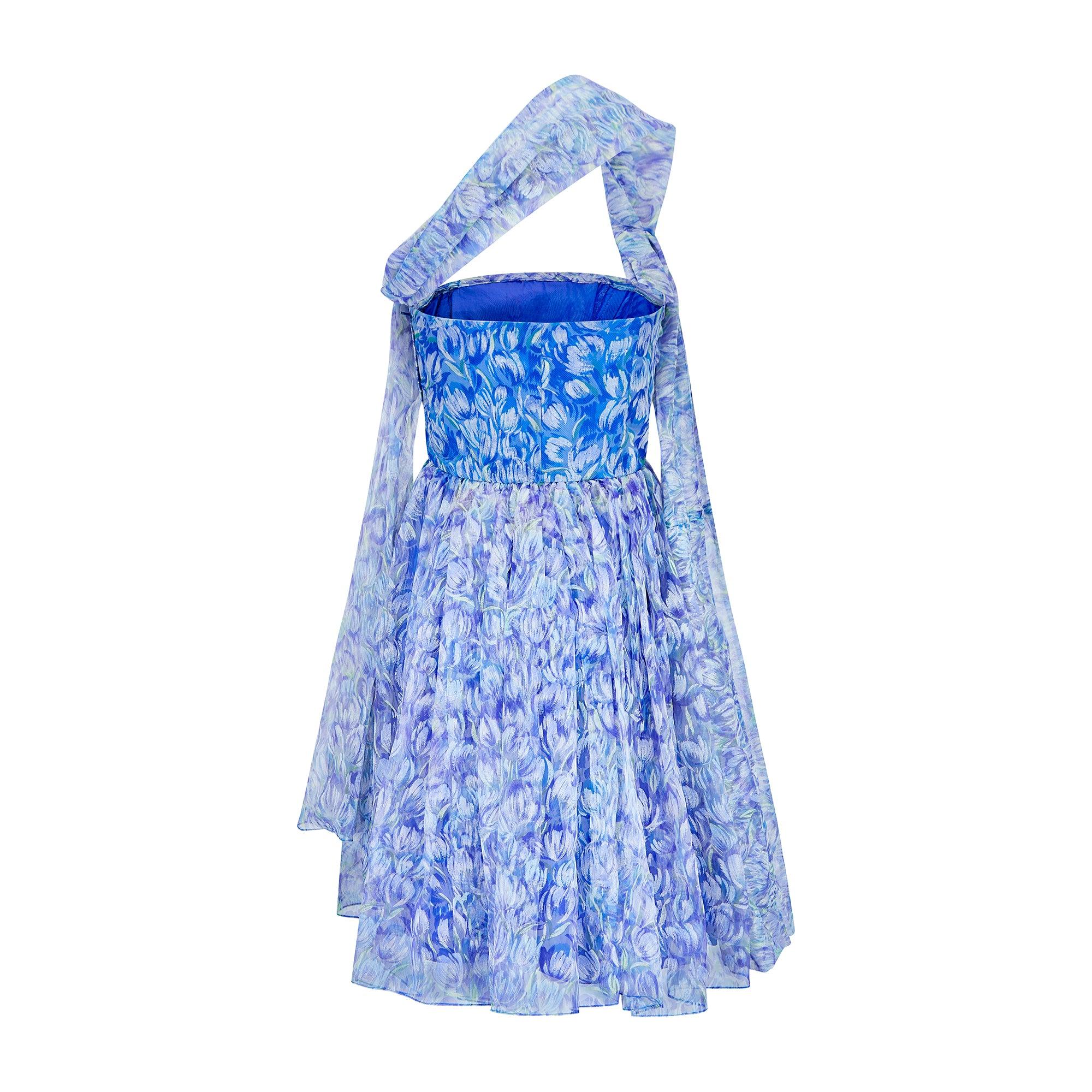 Vestido floral sin tirantes Marldena, años 60 Azul en venta