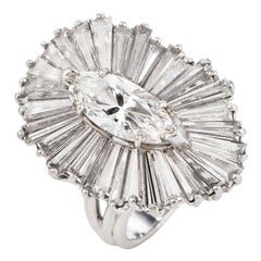 1960's Marquise Diamond Baguette Ballerina Cocktail Platinum Ring