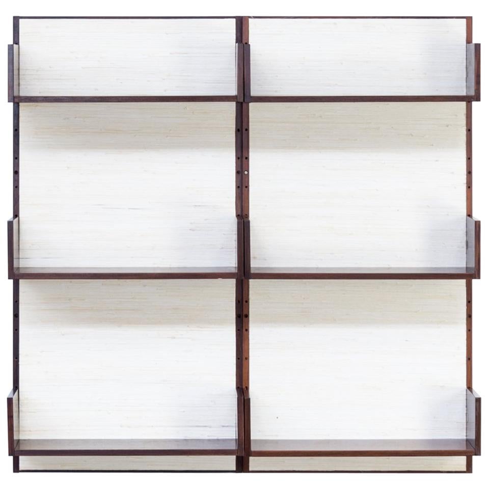 1960s Marten Franckema Rosewood & Seagrass Canvas Wall Unit 6 Shelves for Fristh For Sale
