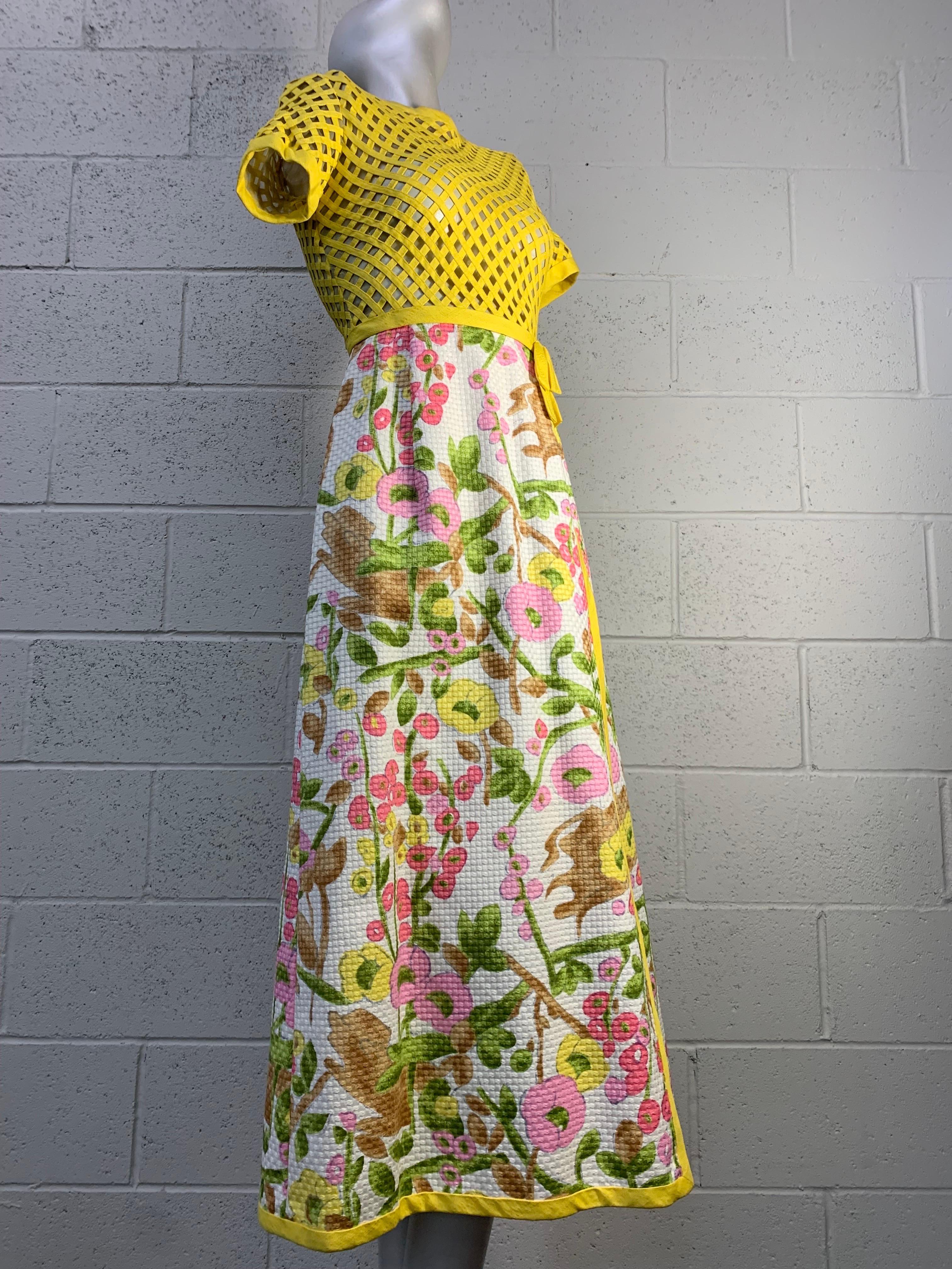 Women's 1960s Martha Lemon Yellow Hostess Gown w Trellis Bodice & Floral Pique Skirt For Sale