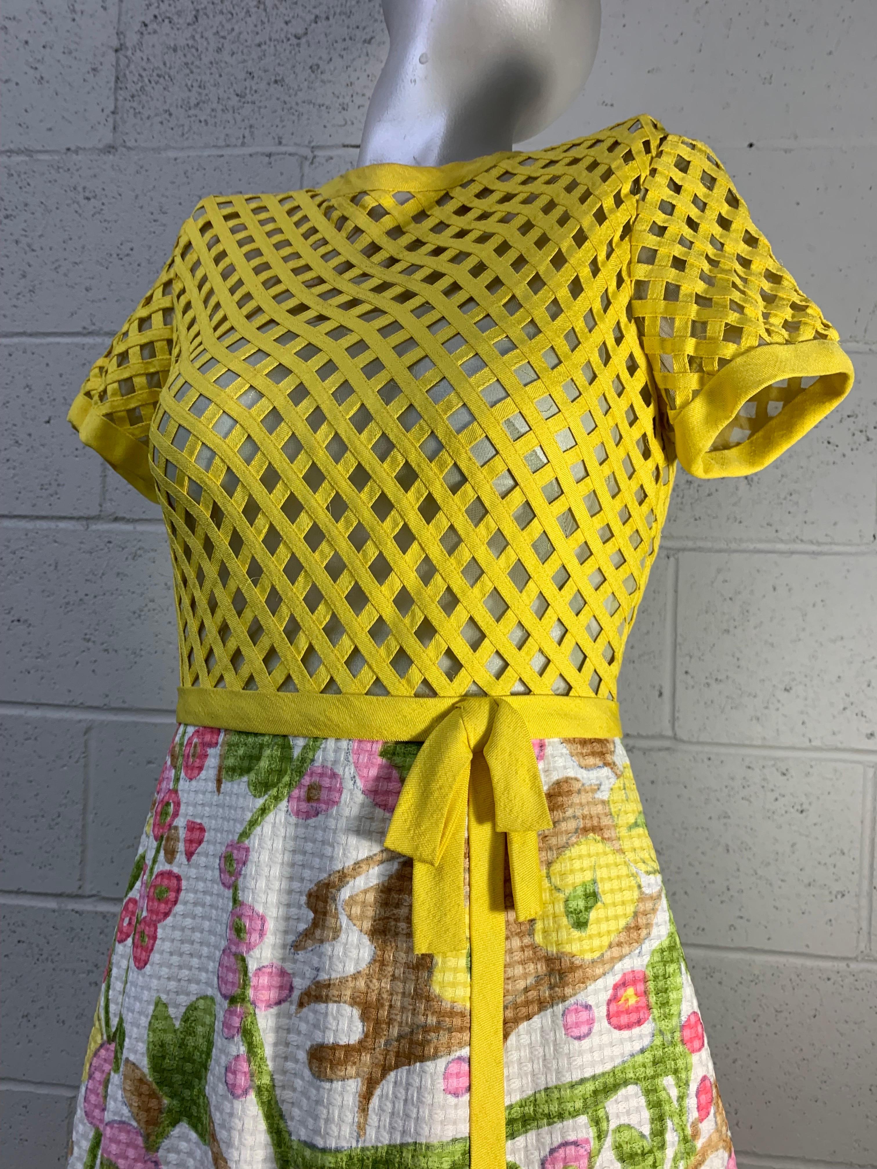 1960s Martha Lemon Yellow Hostess Gown w Trellis Bodice & Floral Pique Skirt For Sale 1