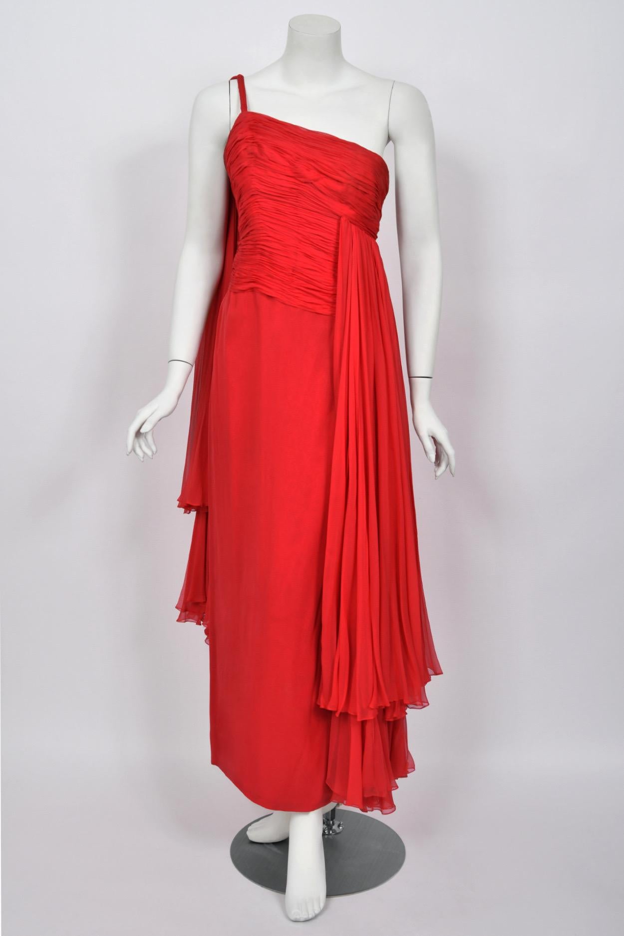 1960s Martha Weathered Couture Ruby-Red Pleated Silk Draped Grecian Goddess Gown For Sale 3