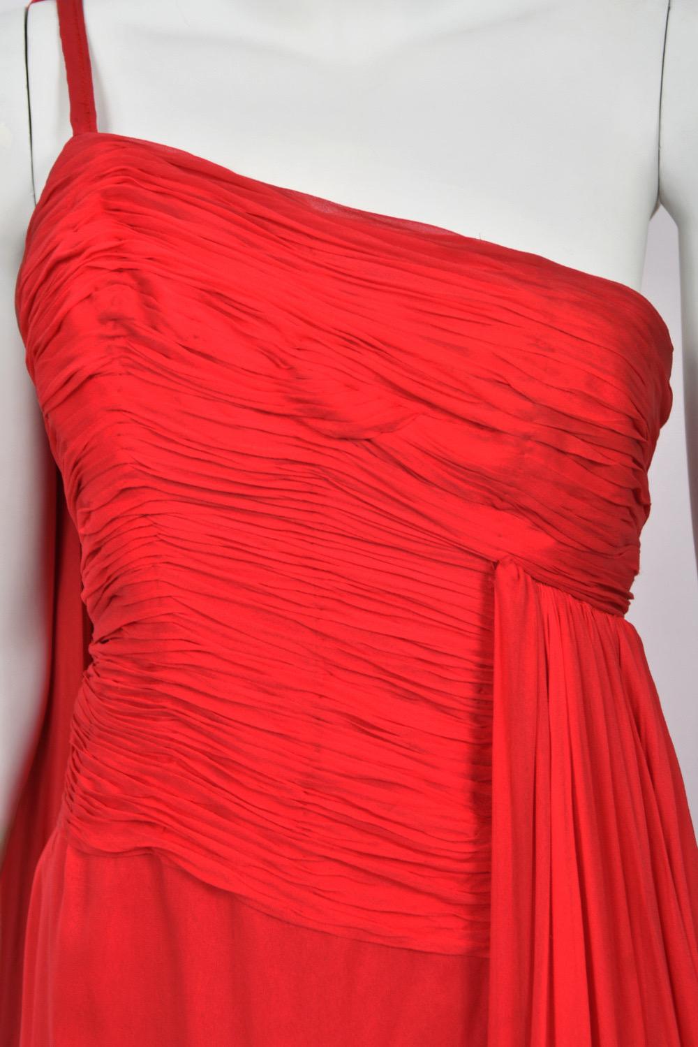 1960s Martha Weathered Couture Ruby-Red Pleated Silk Draped Grecian Goddess Gown For Sale 5