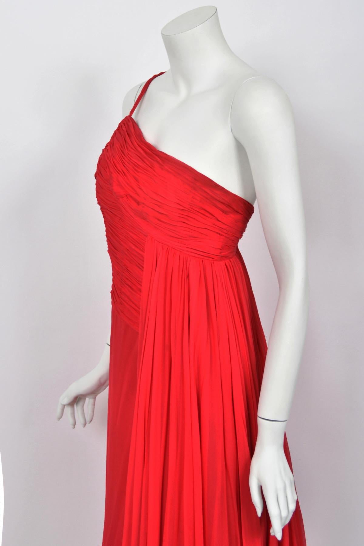 1960s Martha Weathered Couture Ruby-Red Pleated Silk Draped Grecian Goddess Gown For Sale 7