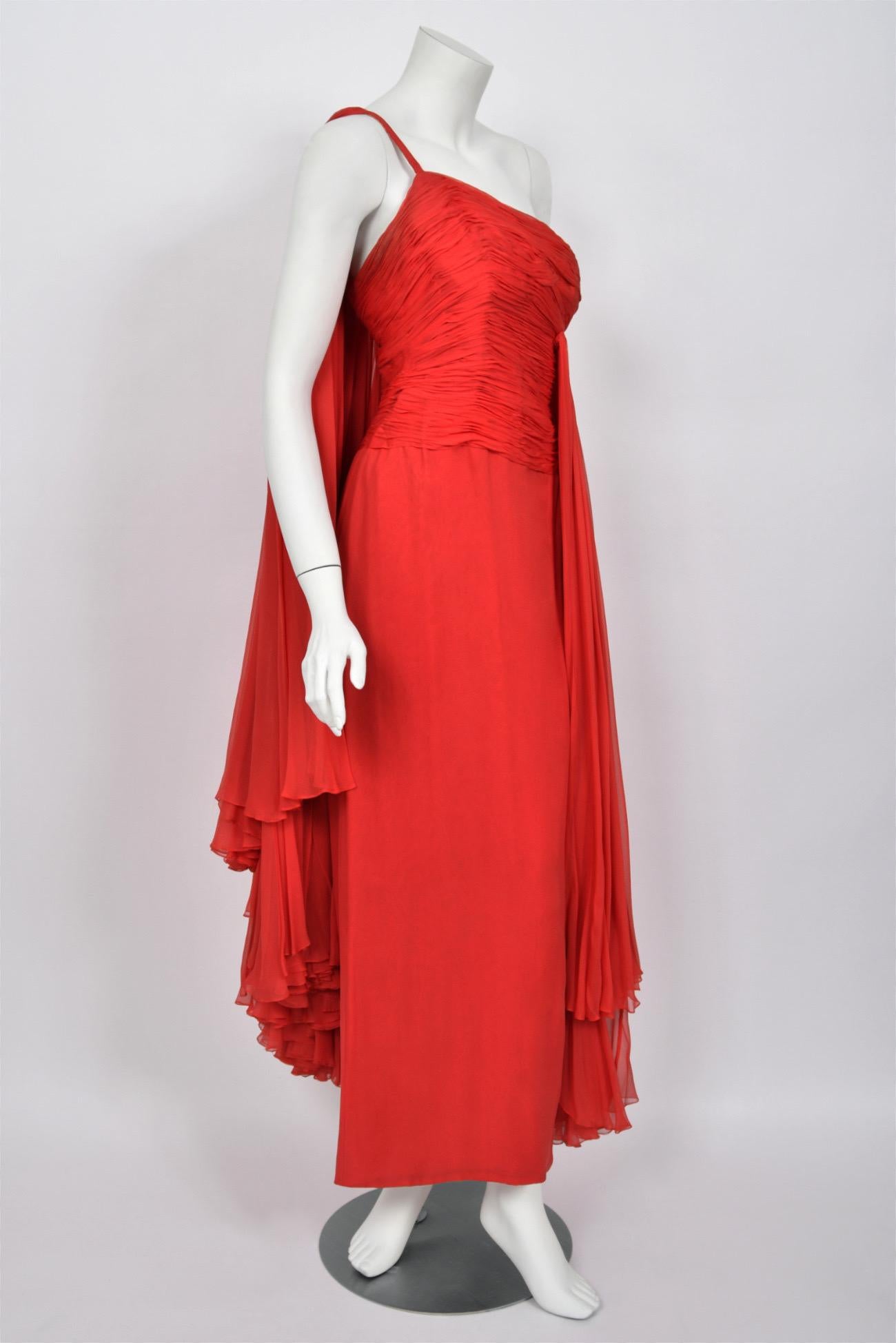1960s Martha Weathered Couture Ruby-Red Pleated Silk Draped Grecian Goddess Gown For Sale 9