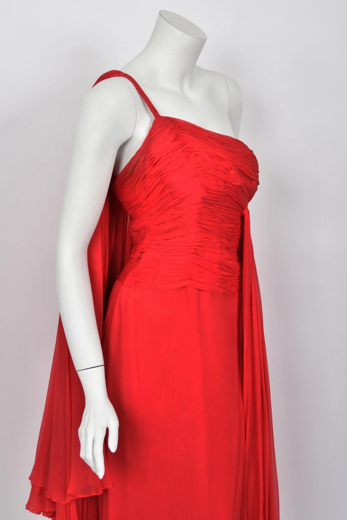 1960s Martha Weathered Couture Ruby-Red Pleated Silk Draped Grecian Goddess Gown For Sale 10