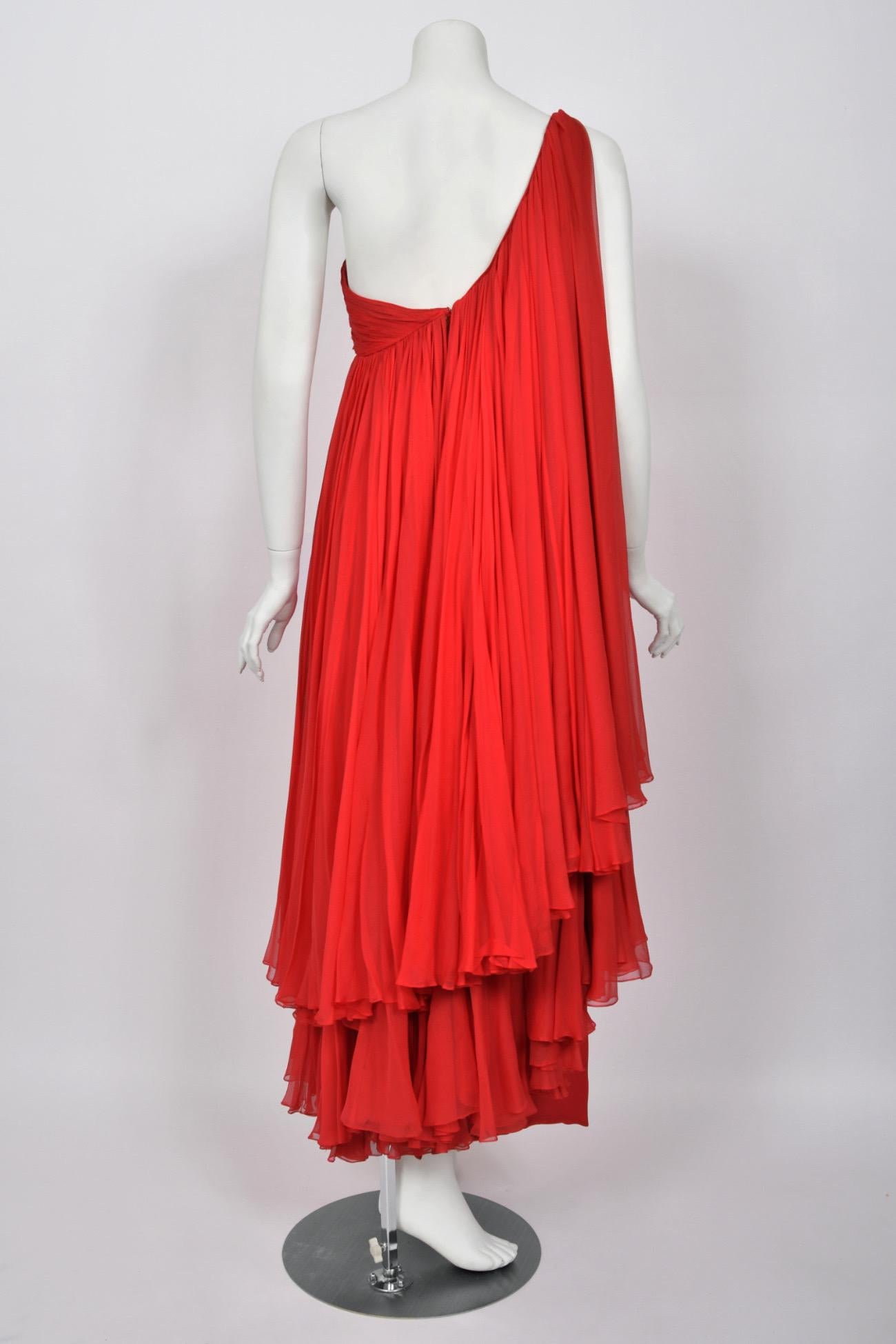 1960s Martha Weathered Couture Ruby-Red Pleated Silk Draped Grecian Goddess Gown For Sale 11