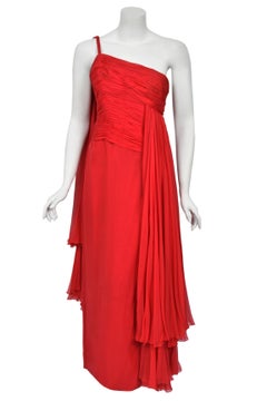 1960s Martha Weathered Couture Ruby-Red Pleated Silk Draped Grecian Goddess Gown