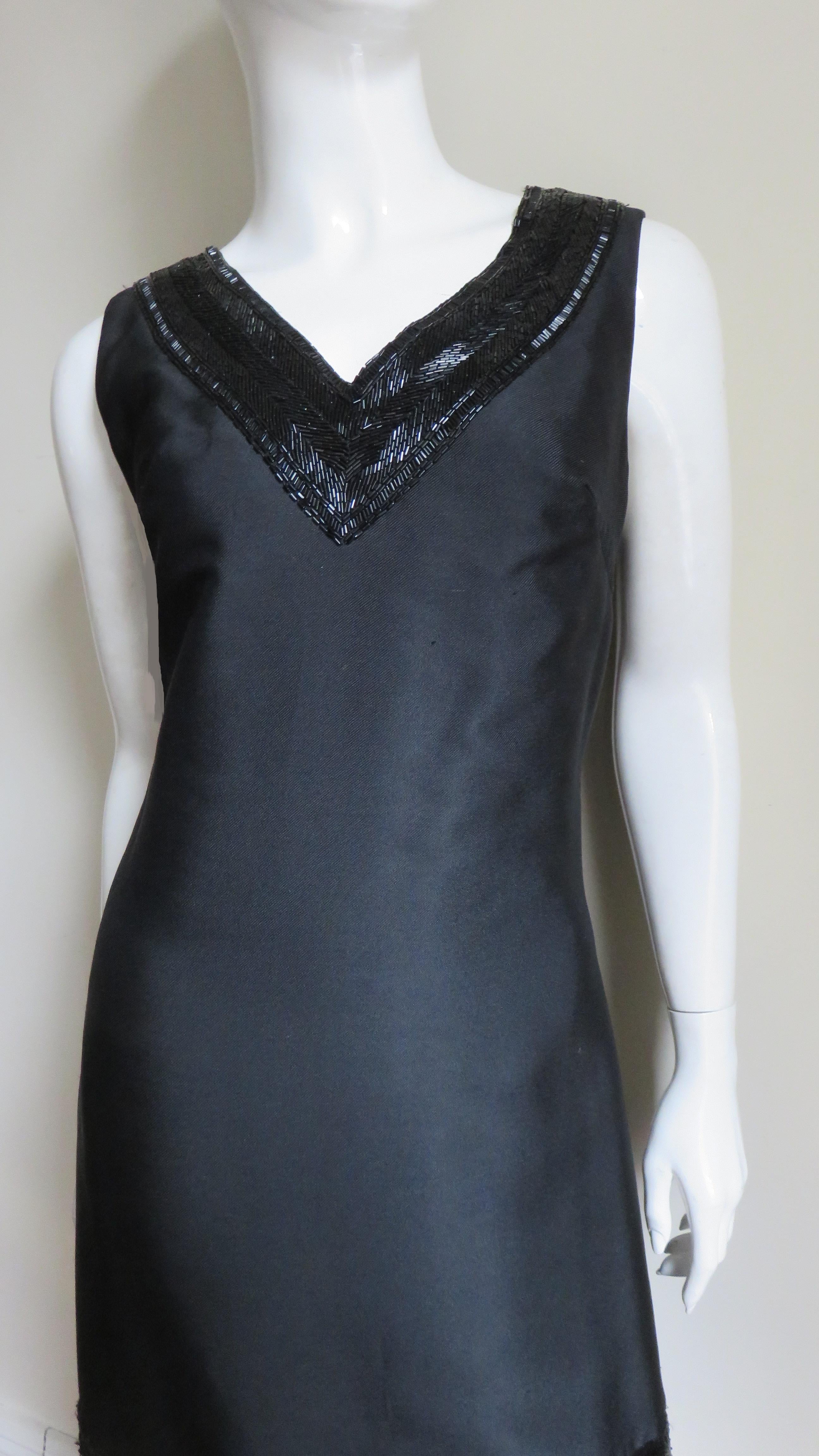 Black Raymond Martier Silk Dress with Bead Trim 1960s For Sale
