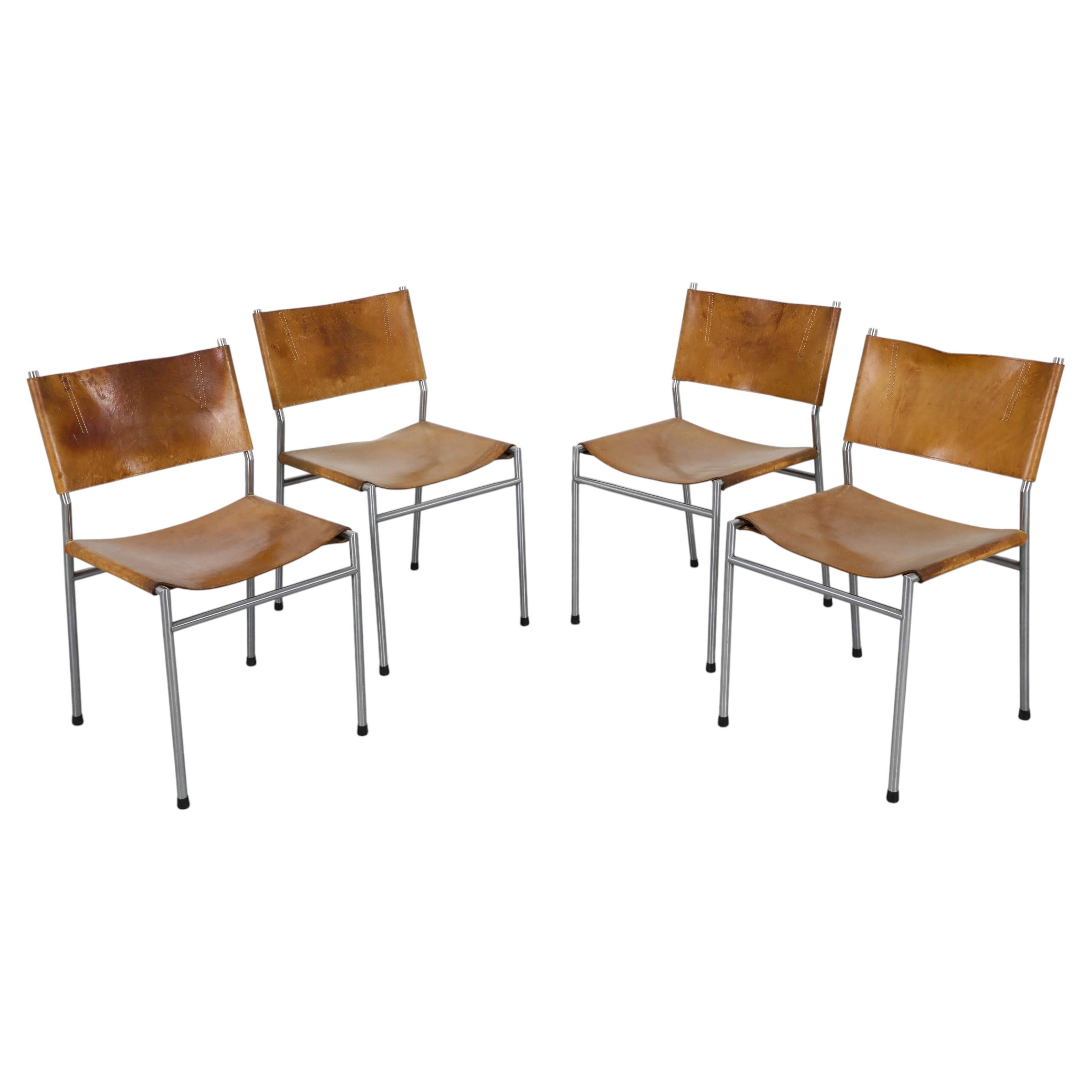 1960s Martin Visser SE 06 Leather & Chrome Chairs, Set of 4 For Sale