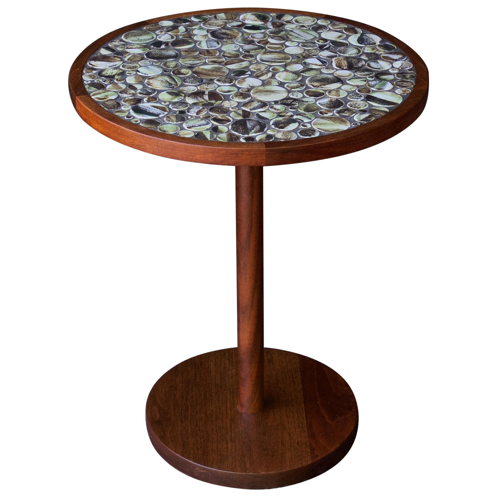 1960s Martz Table Walnut Brush Glazed Round Tiles CabinModern Studio Craft For Sale