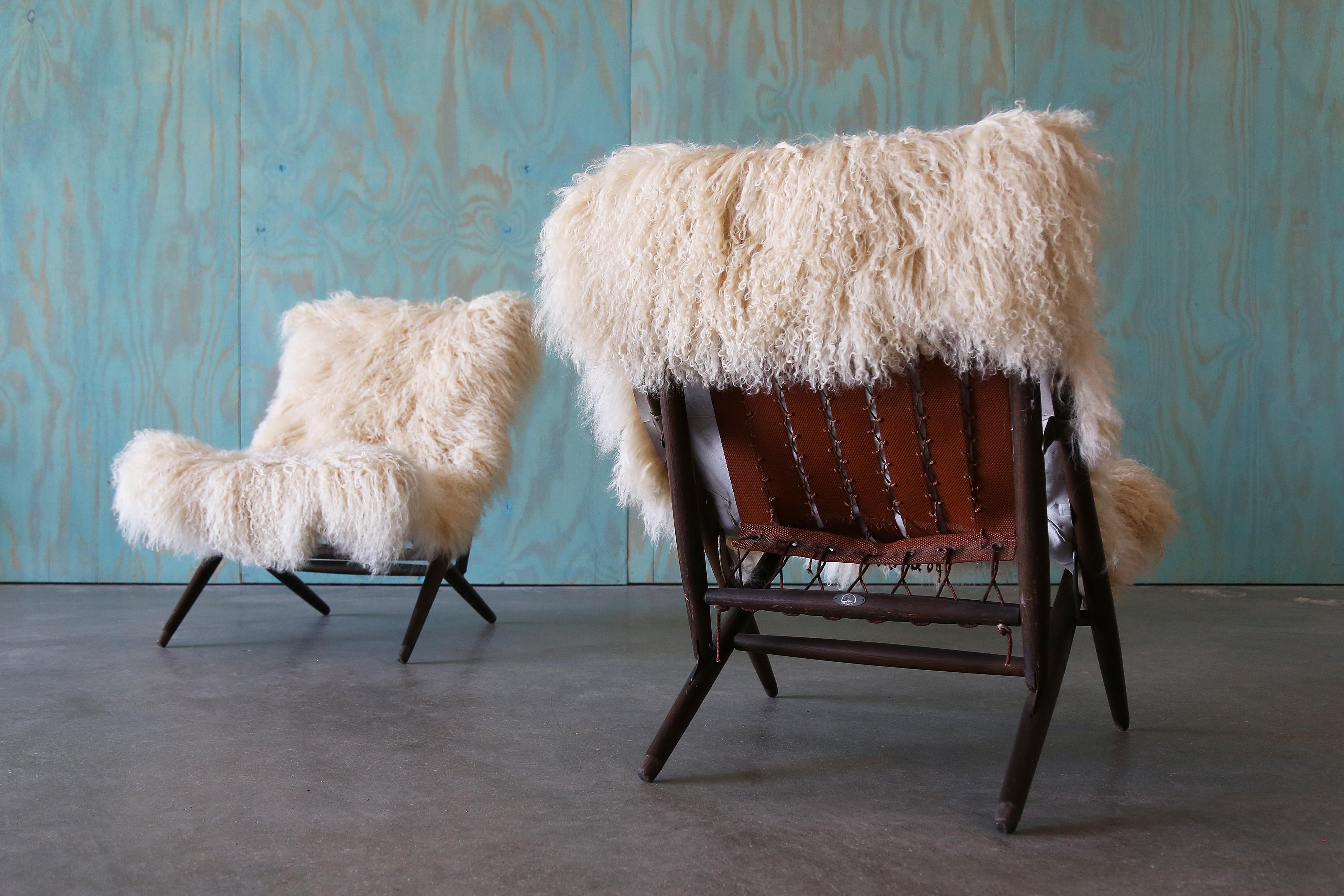 Mid-Century Modern 1960s Maruni Mokko Japanese Folding Sling Chairs w/ Sheepskin - a pair For Sale