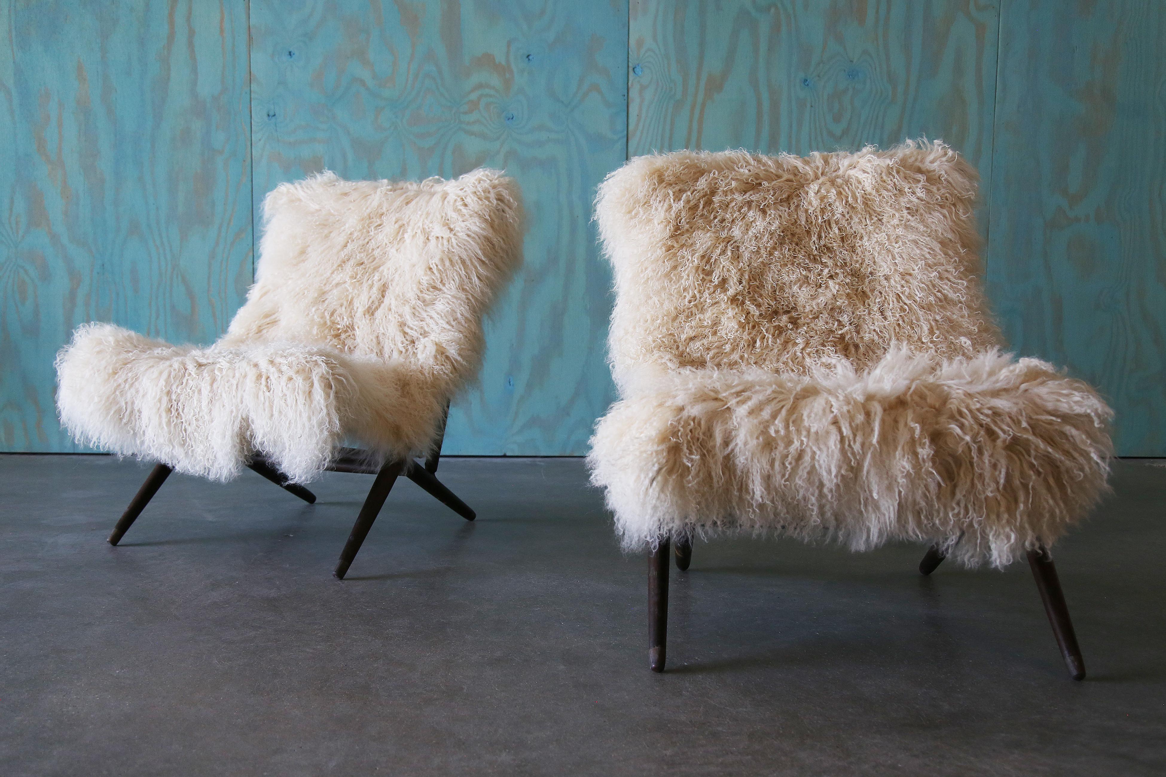 Mid-20th Century 1960s Maruni Mokko Japanese Folding Sling Chairs w/ Sheepskin - a pair For Sale