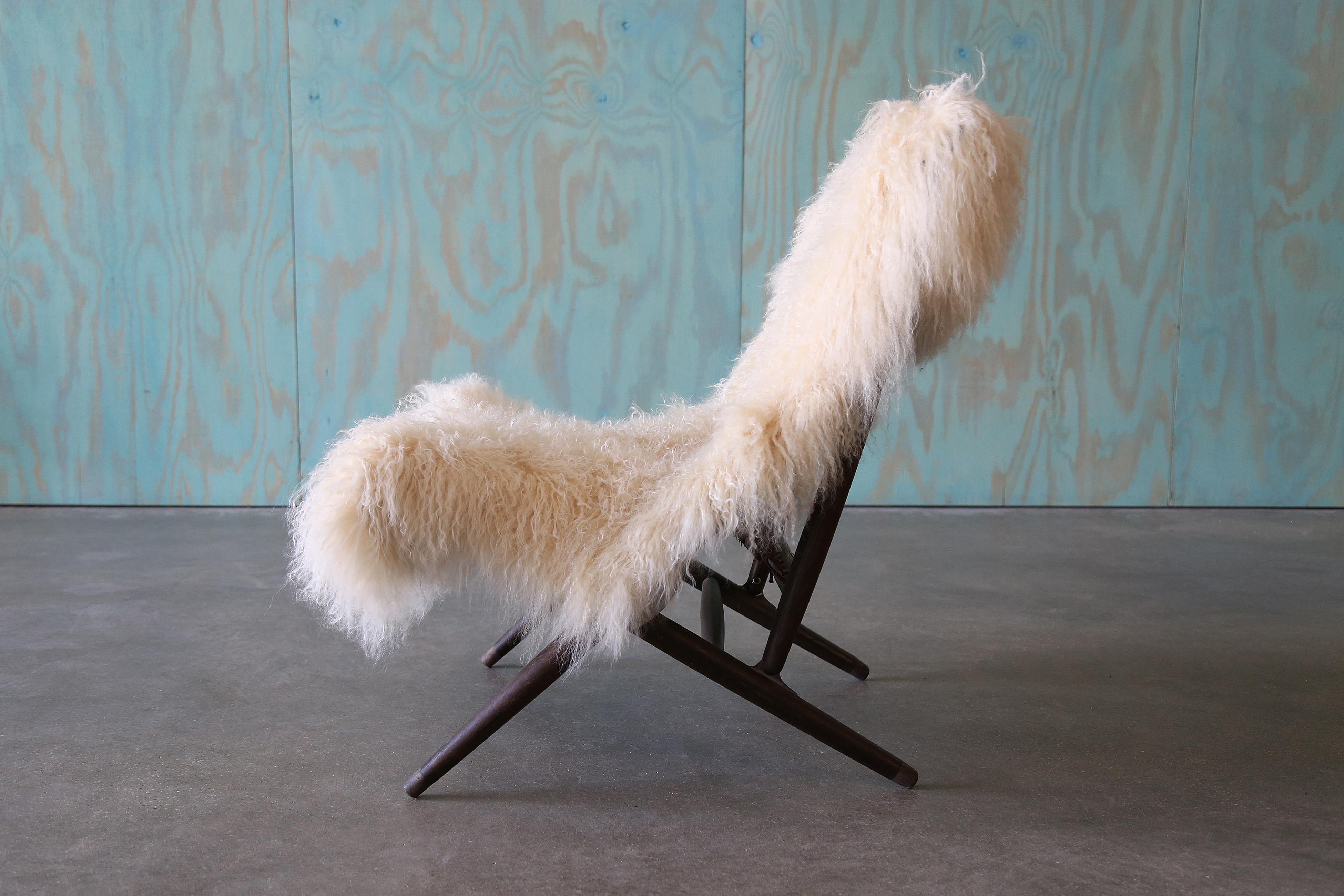 Wool 1960s Maruni Mokko Japanese Folding Sling Chairs w/ Sheepskin - a pair For Sale