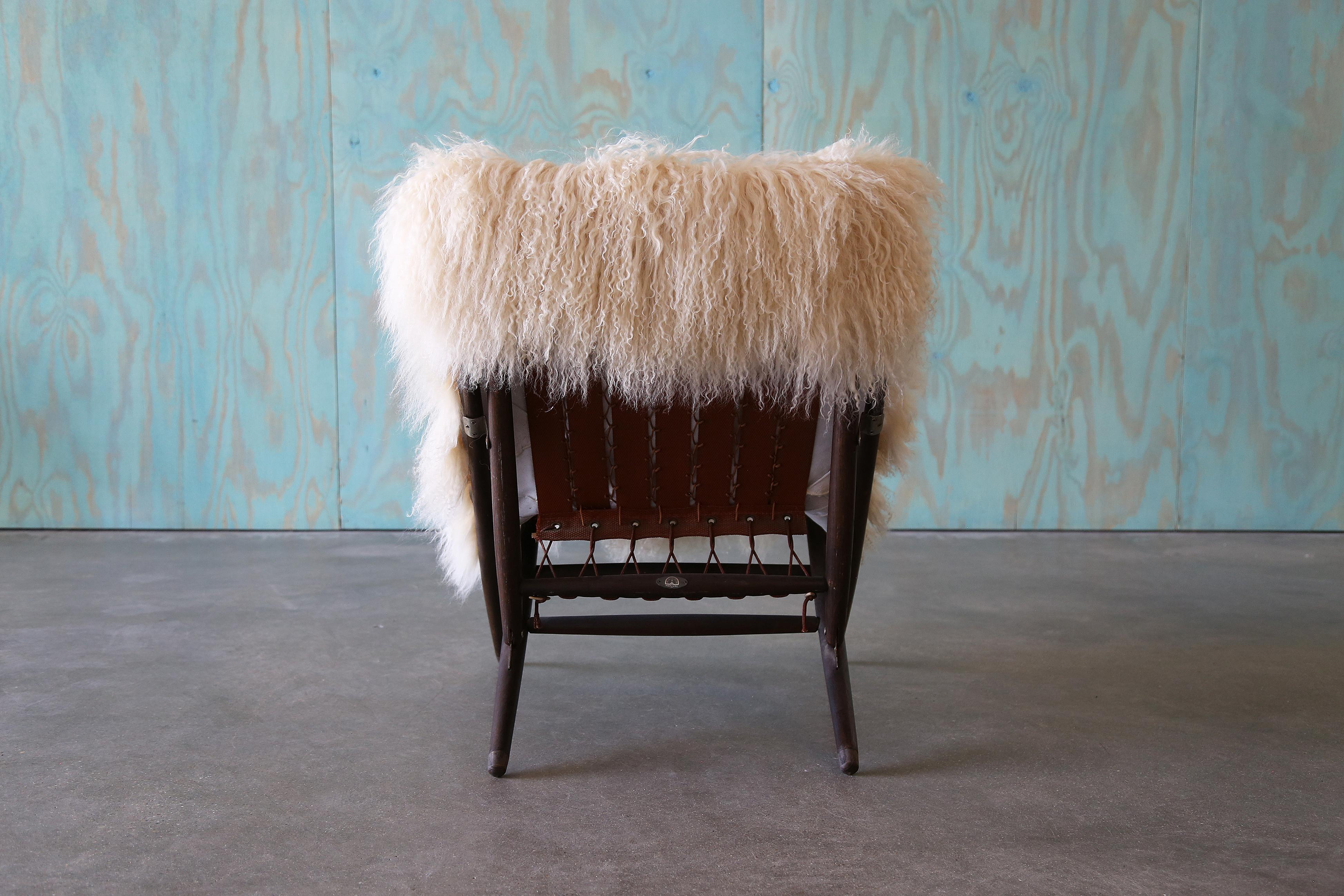 1960s Maruni Mokko Japanese Folding Sling Chairs w/ Sheepskin - a pair For Sale 1