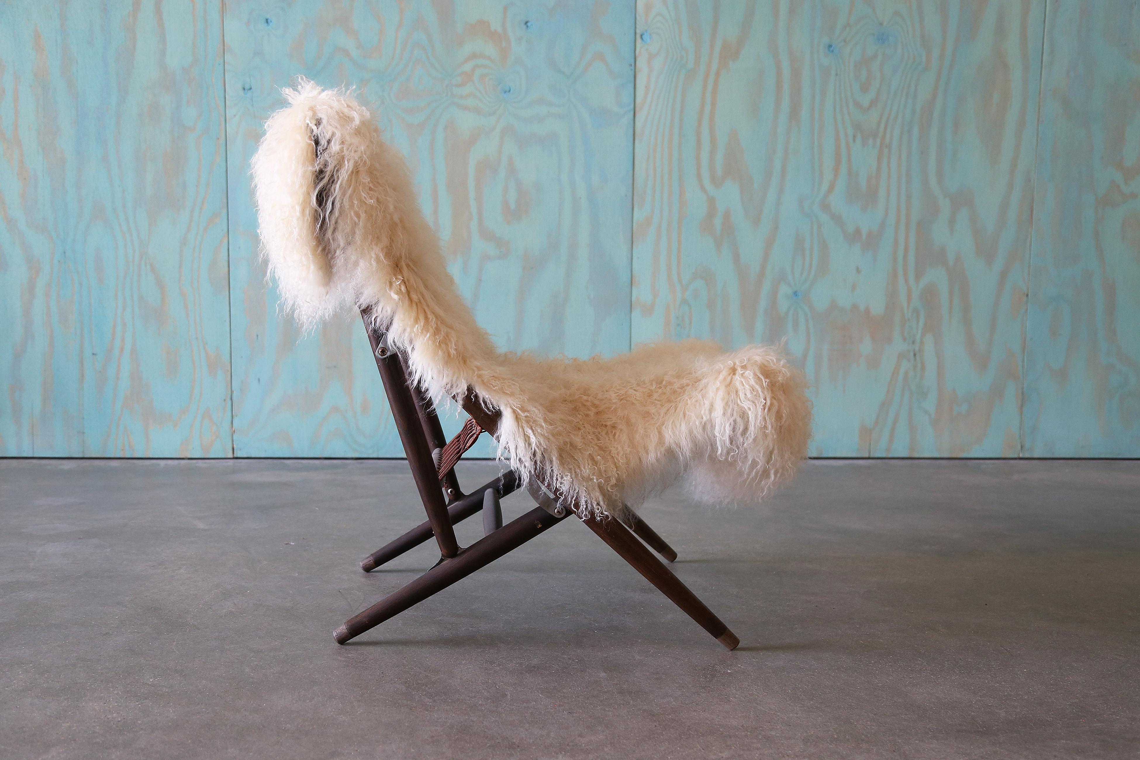 1960s Maruni Mokko Japanese Folding Sling Chairs w/ Sheepskin - a pair For Sale 2