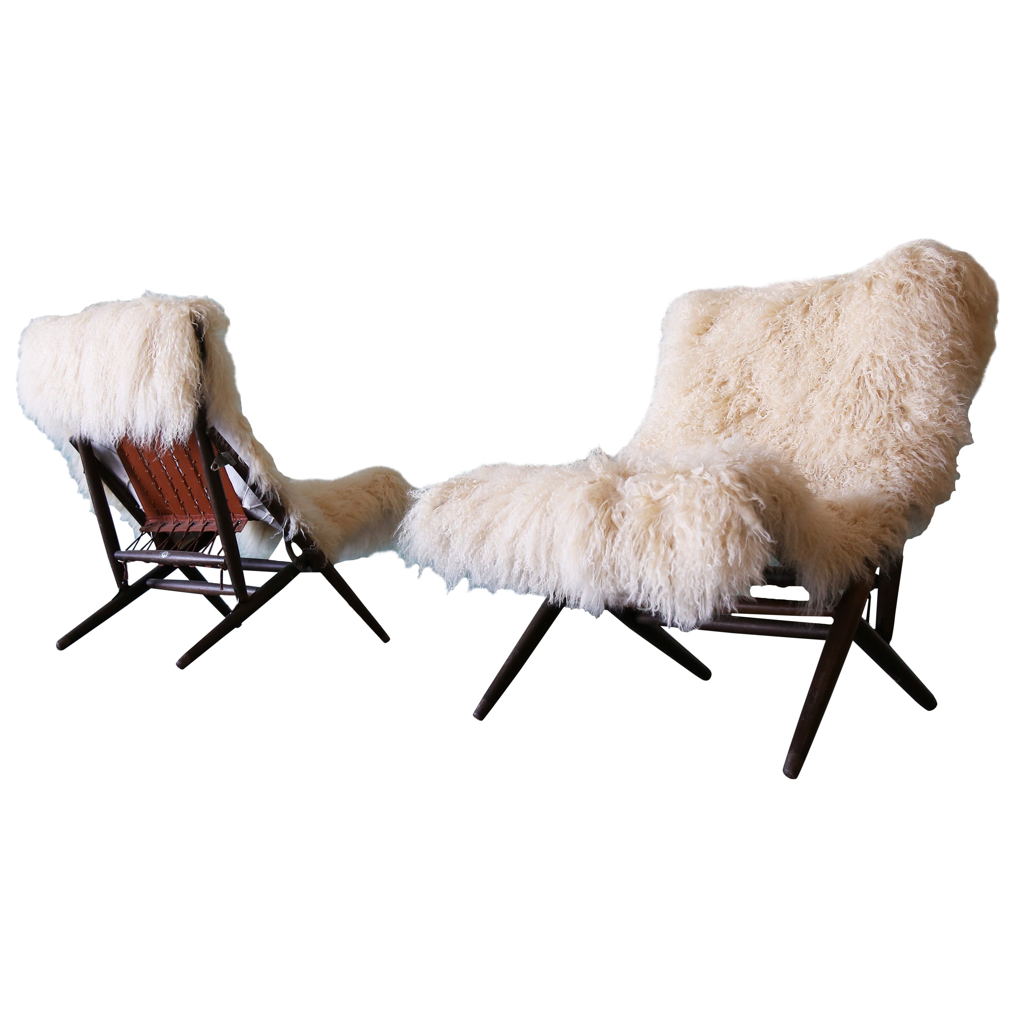 1960s Maruni Mokko Japanese Folding Sling Chairs w/ Sheepskin - a pair For Sale