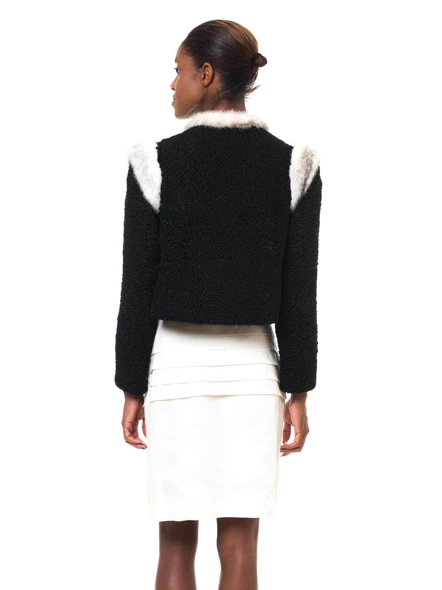 Women's 1960S MARY BROCKHOFF Black Cropped Lambs Fur Jacket Trimmed In Mink
