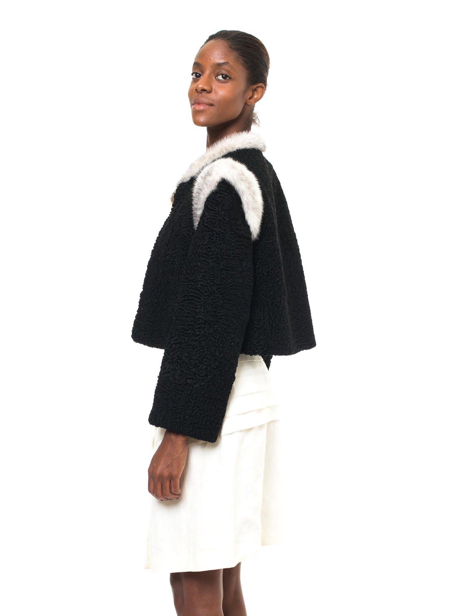 1960S MARY BROCKHOFF Black Cropped Lambs Fur Jacket Trimmed In Mink 1