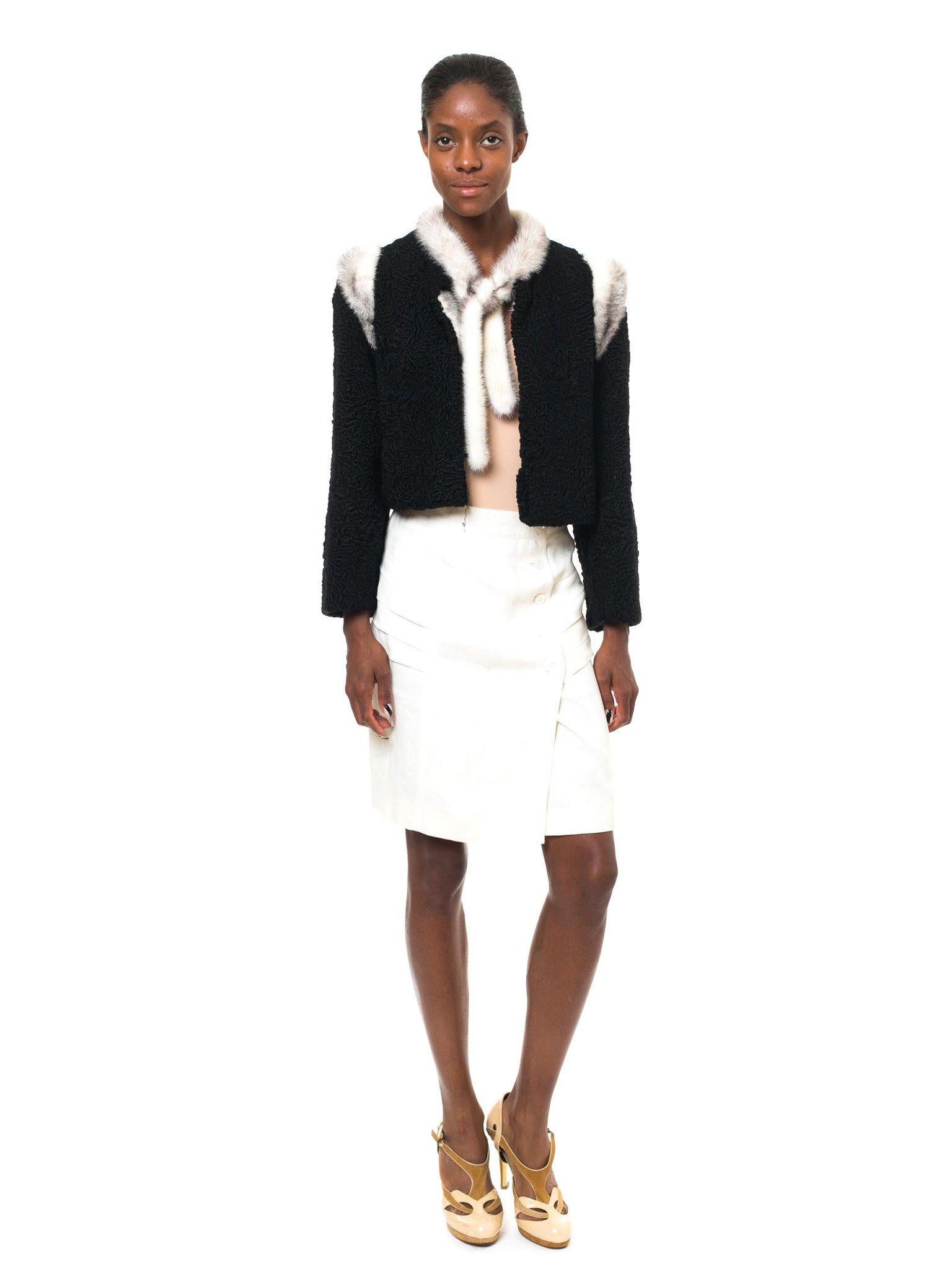 1960S MARY BROCKHOFF Black Cropped Lambs Fur Jacket Trimmed In Mink 3
