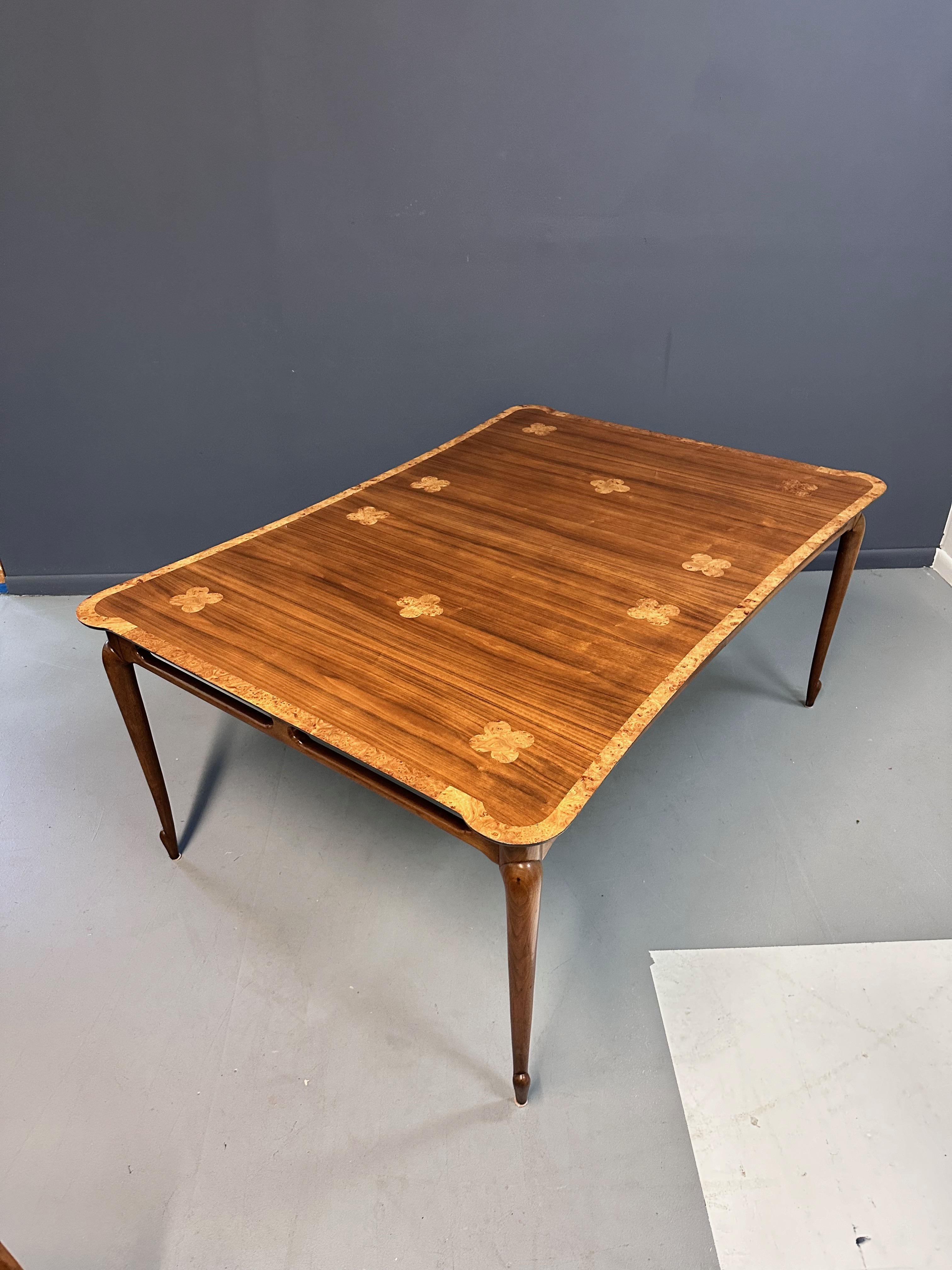 20th Century 1960s Mastercraft Attributed Walnut Dining Table with Burl Accents and Trim For Sale