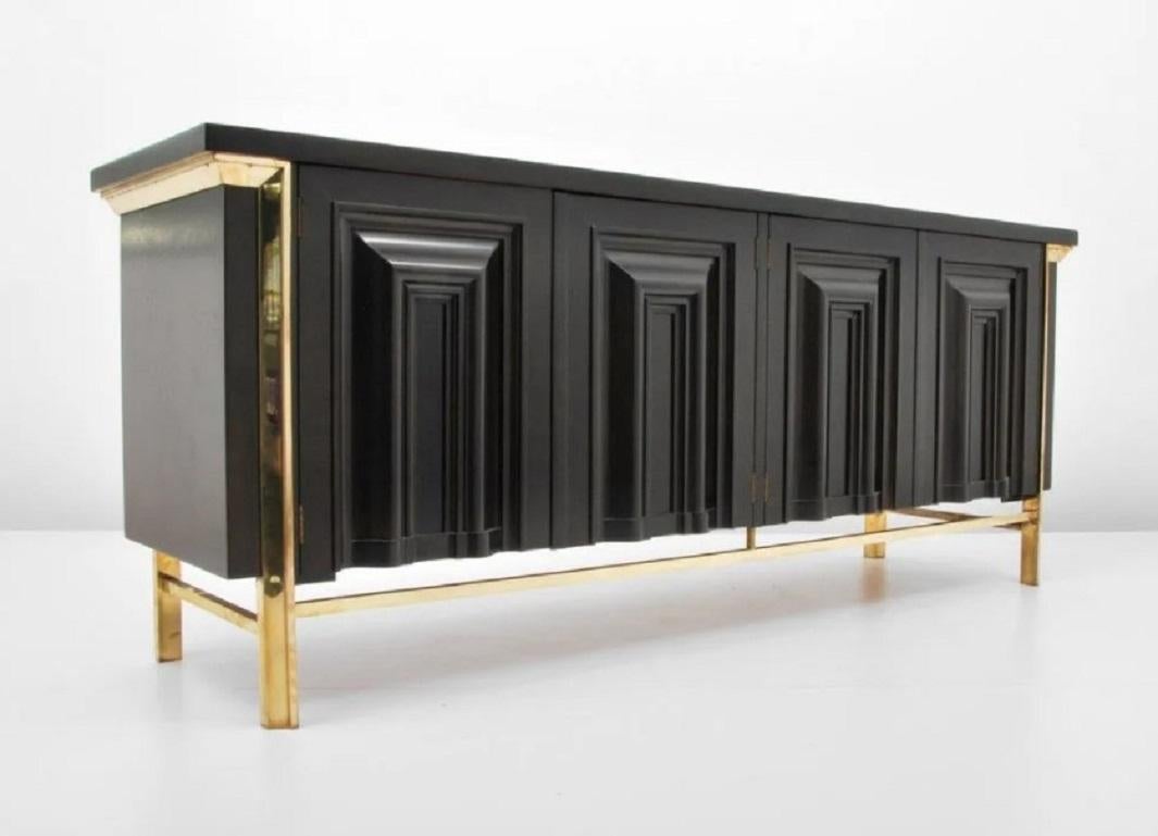 Cabinet / server with one set of doors revealing an adjustable shelf, the other set of doors revealing three pull-out drawers by Mastercraft;  1962.  Marked, USA; metal, wood, travertine.  Very good condition, minor wear and scratches consistent