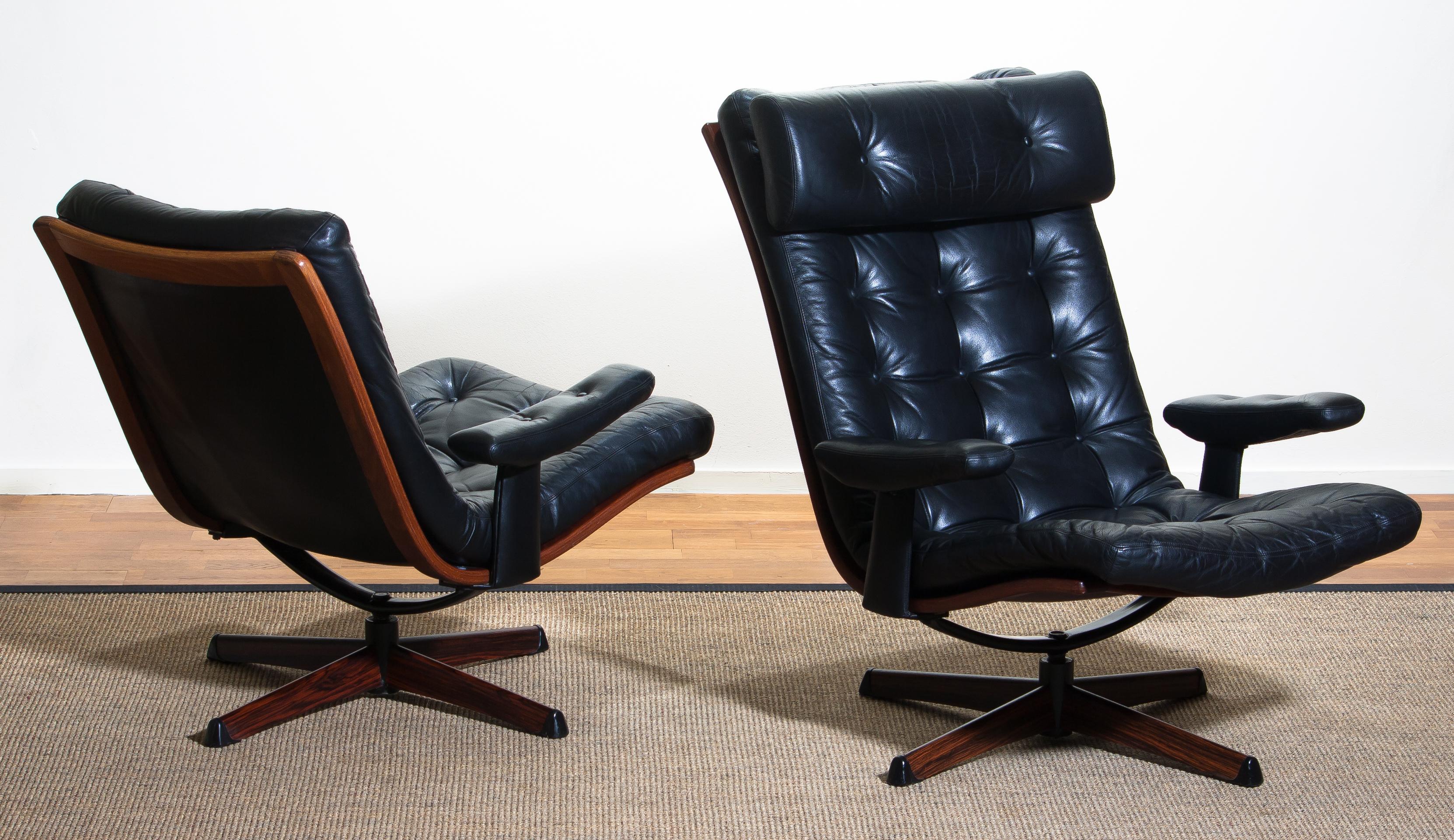 1960s Matching Pair of Black Leather Swivel Chairs by Gote Design Nassjo Sweden 4