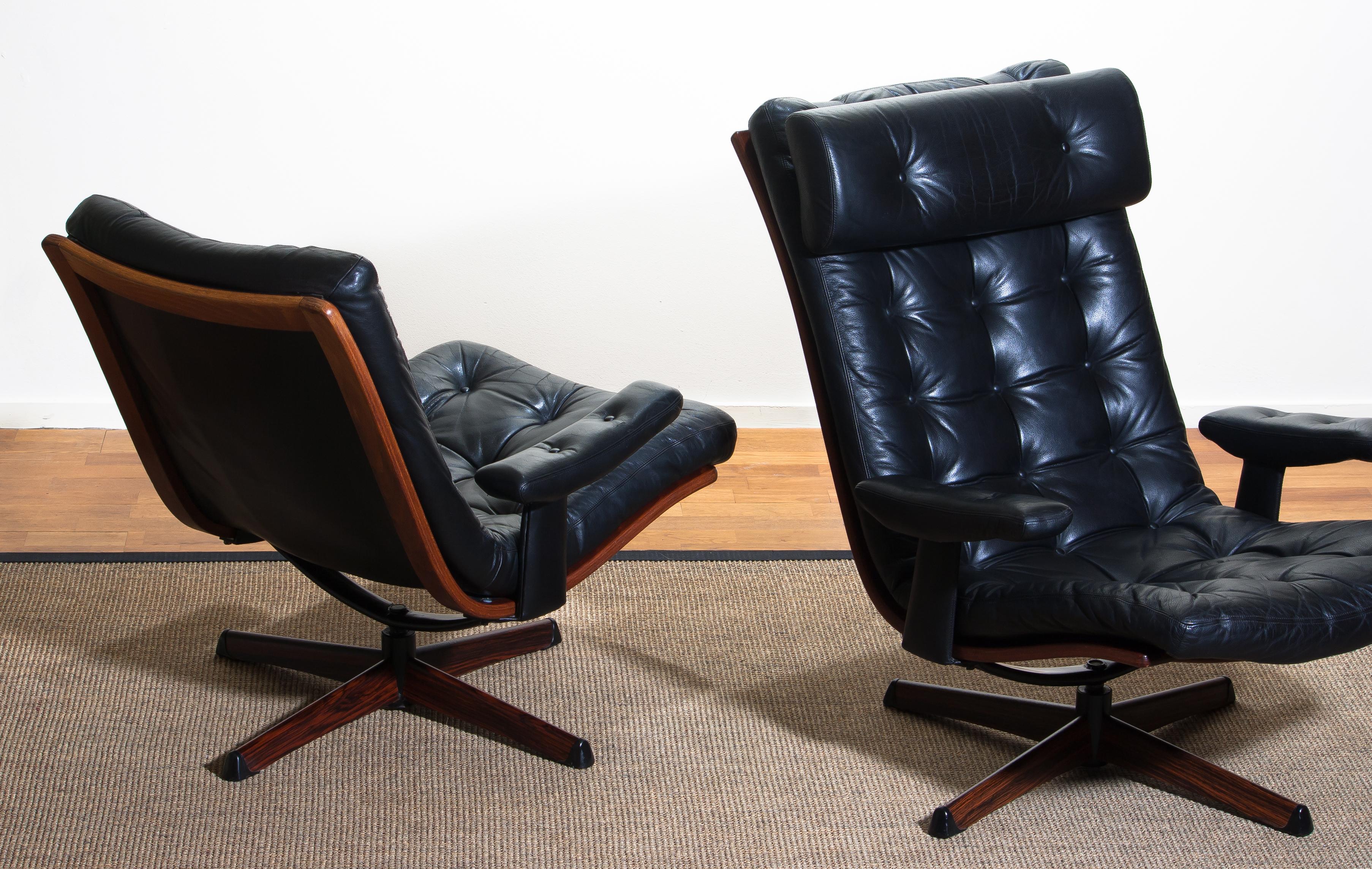 1960s Matching Pair of Black Leather Swivel Chairs by Gote Design Nassjo Sweden 6