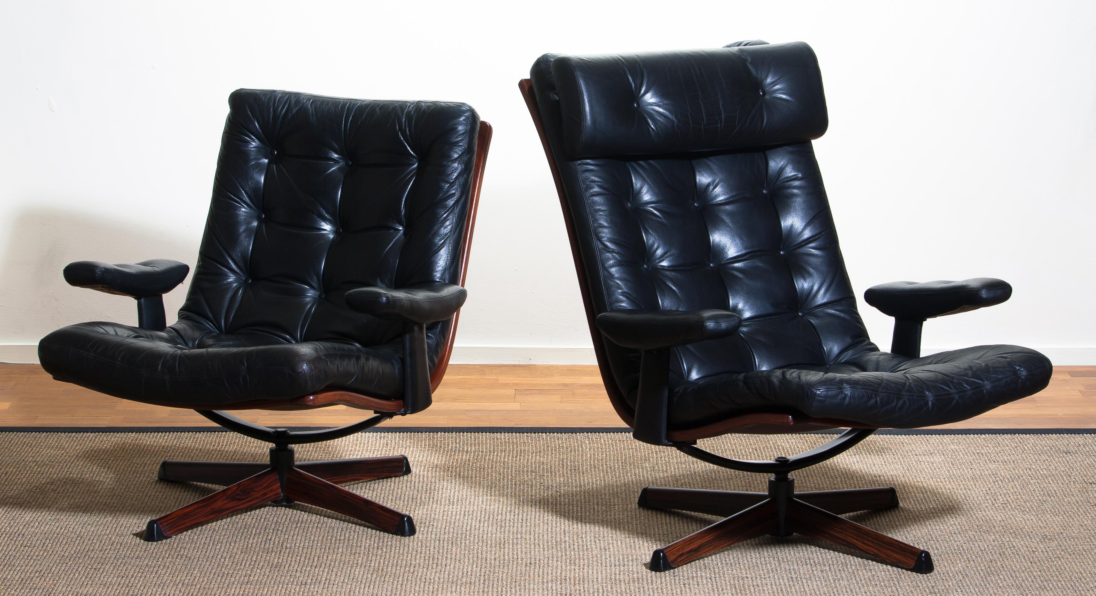Metal 1960s Matching Pair of Black Leather Swivel Chairs by Gote Design Nassjo Sweden