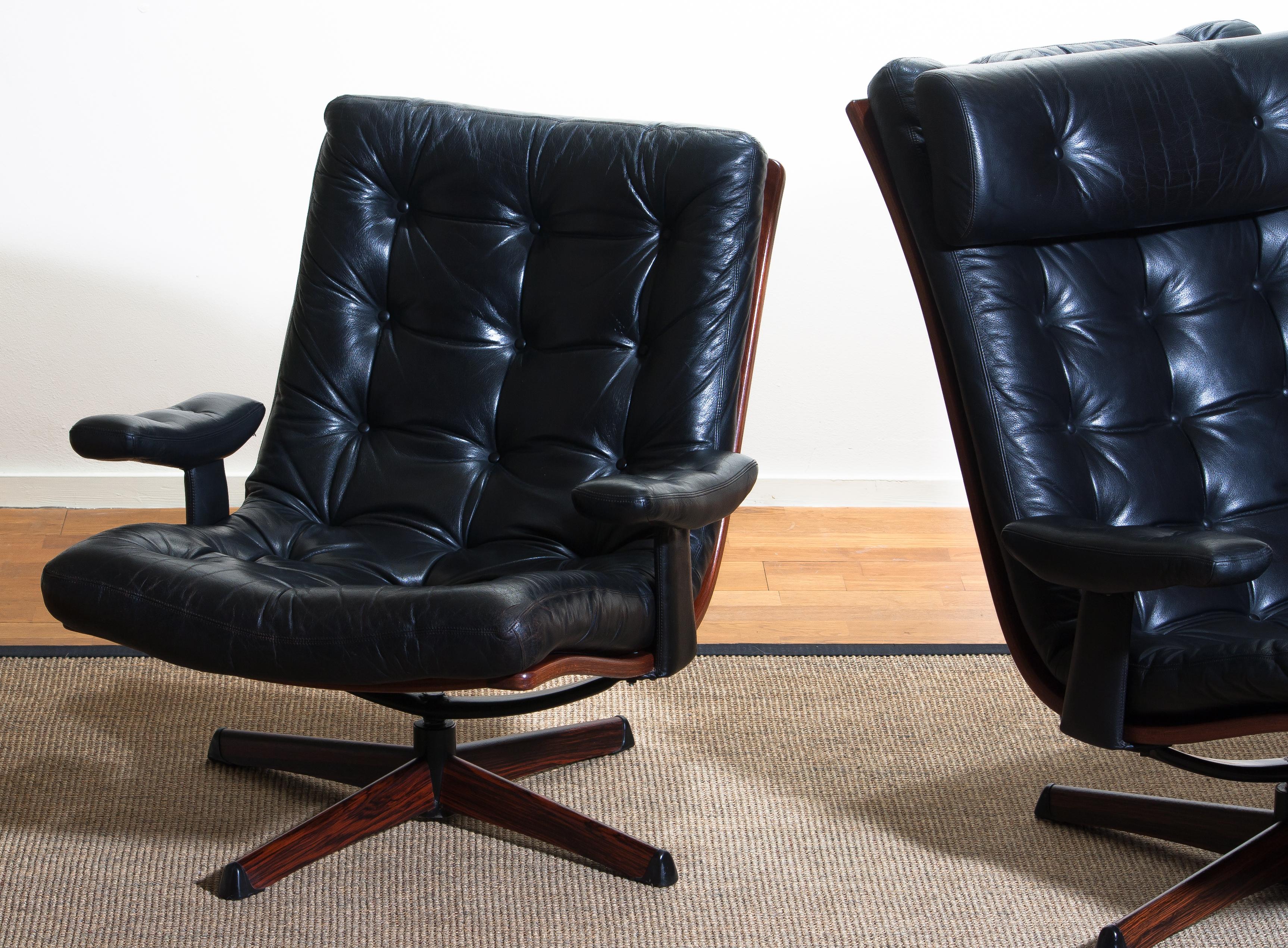 1960s Matching Pair of Black Leather Swivel Chairs by Gote Design Nassjo Sweden 2