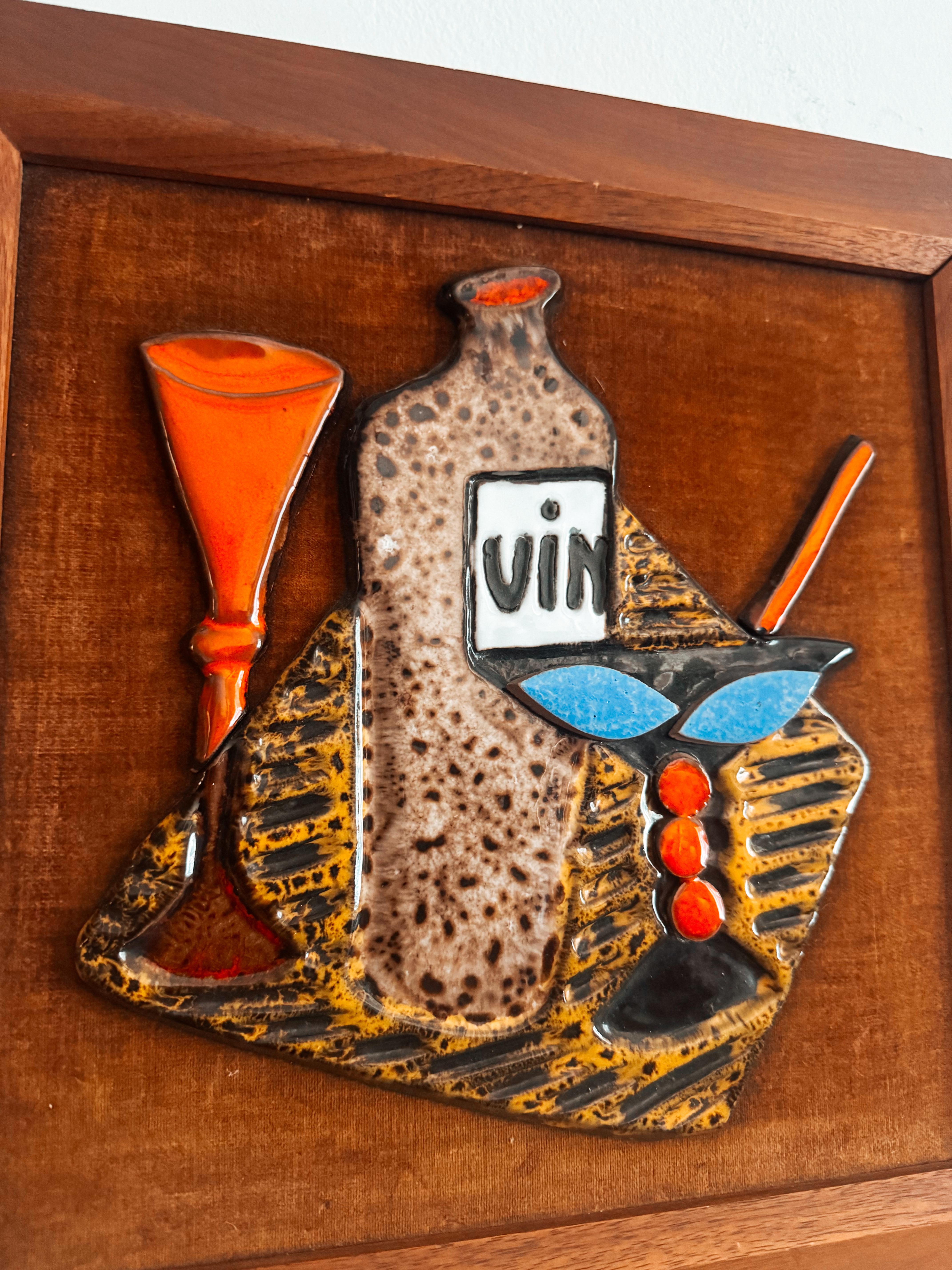Mid-Century Modern 1960 Maurice Chalvignac Art Pottery & Teak Wall Art - 
