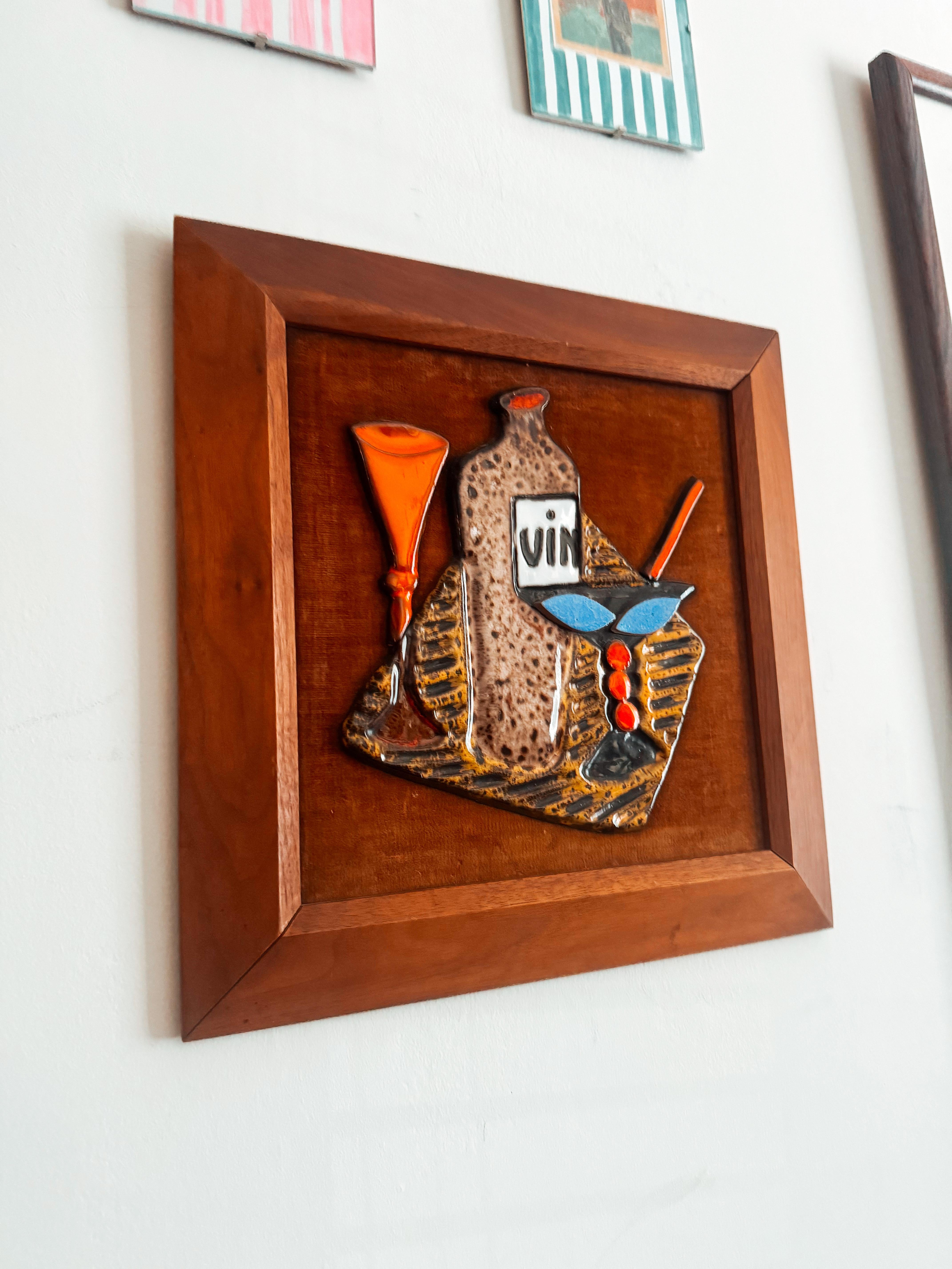 Canadien 1960 Maurice Chalvignac Art Pottery & Teak Wall Art - 