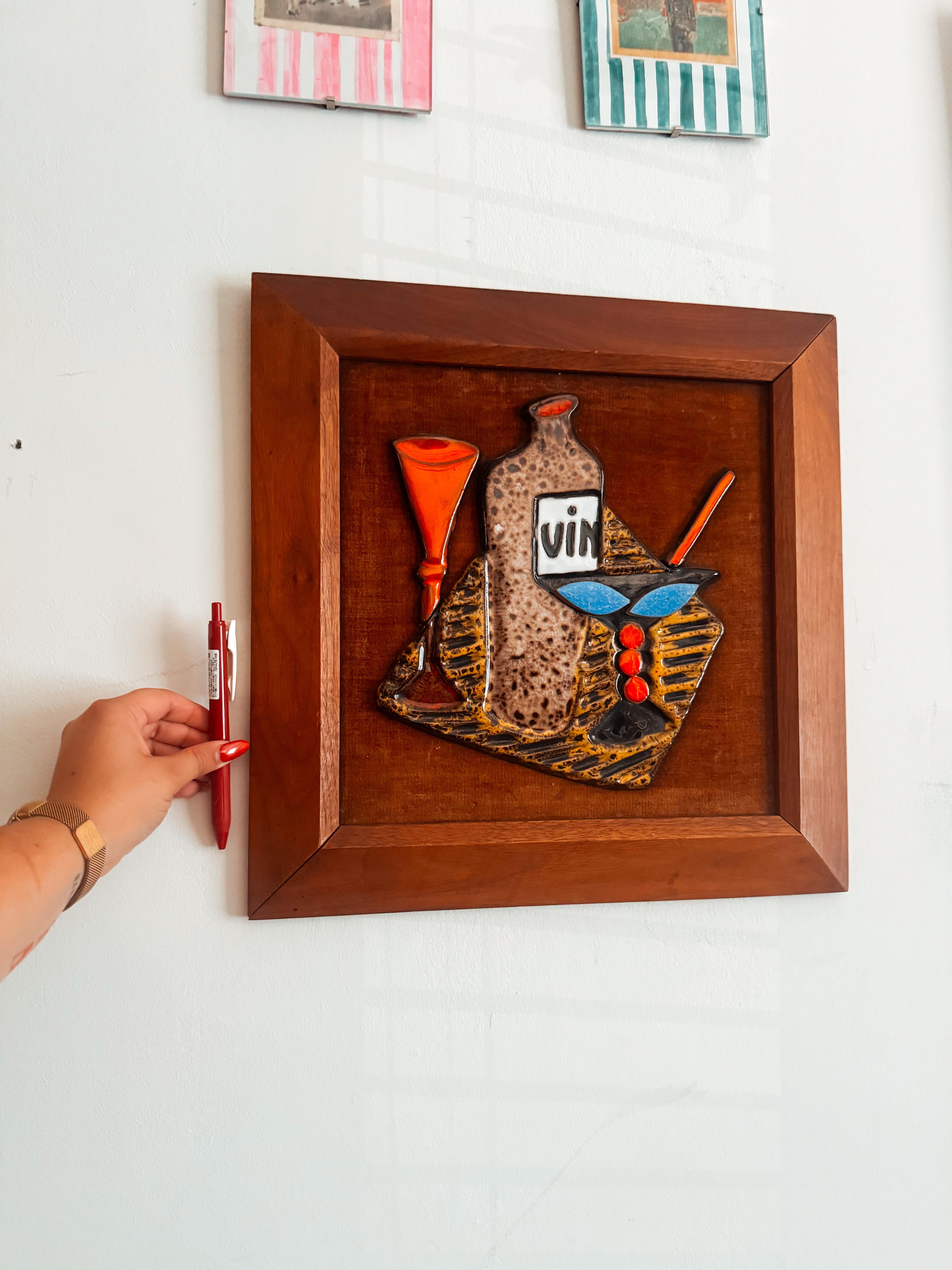Fait main 1960 Maurice Chalvignac Art Pottery & Teak Wall Art - 